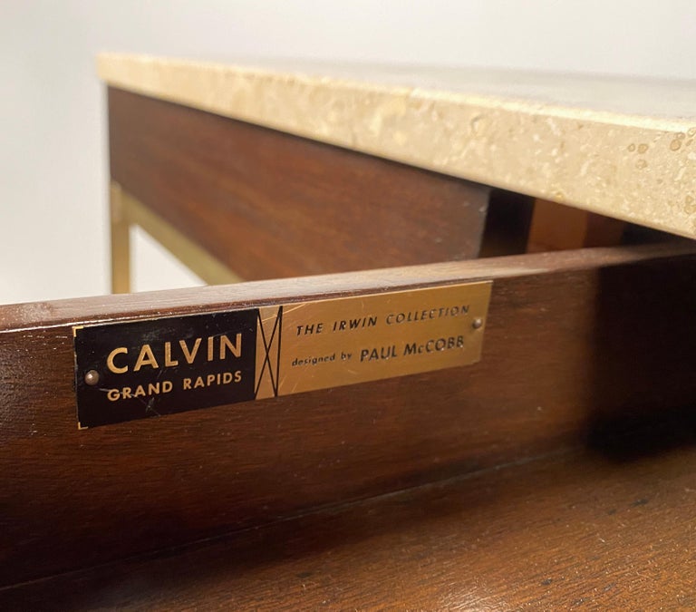 Mid-Century Modern Paul McCobb Desk Irwin Collection Calvin Travertine Marble Top Brass Mahogany For Sale