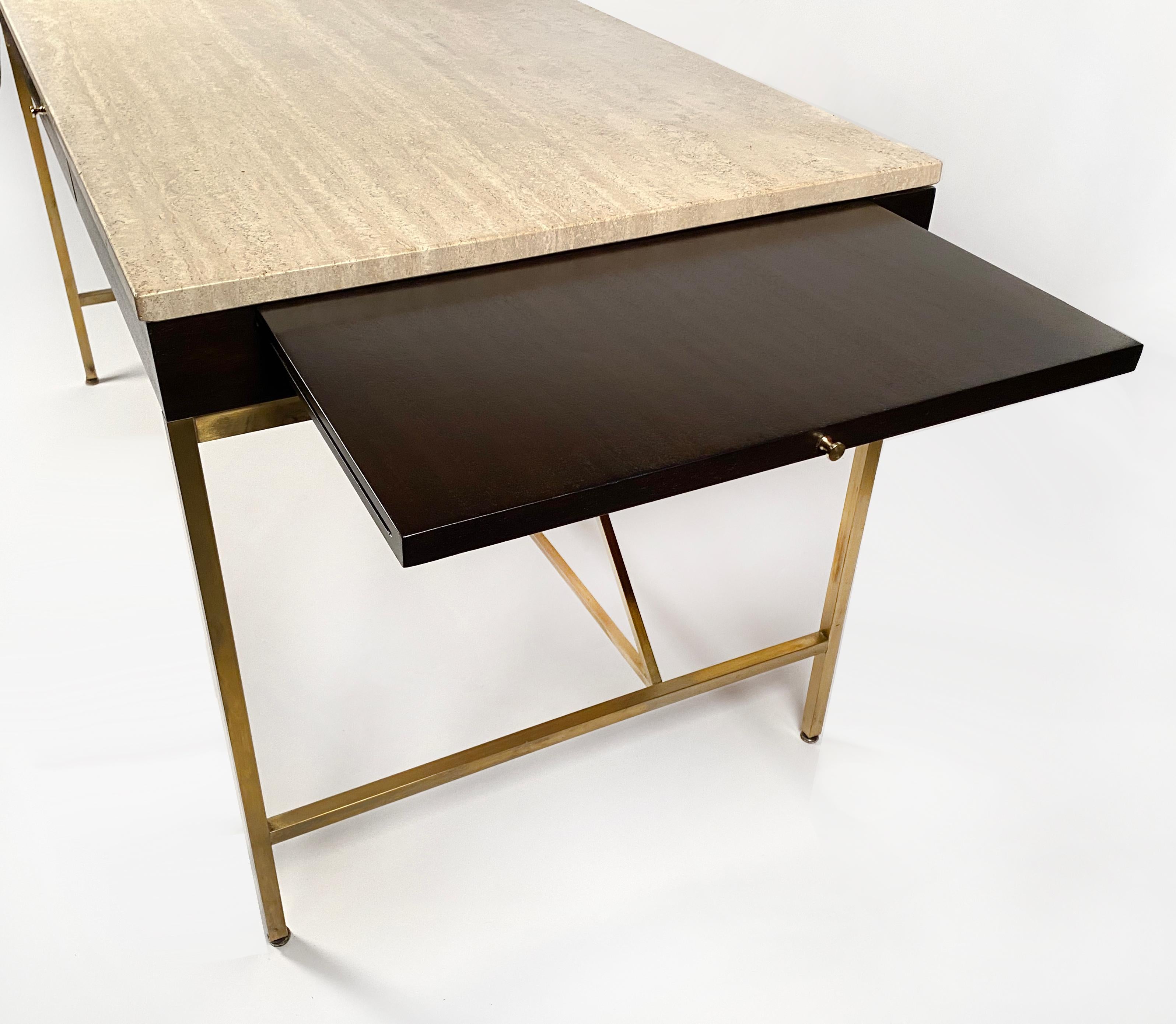 Mid-Century Modern Paul McCobb Desk Irwin Collection Calvin Travertine Marble Top Brass Mahogany