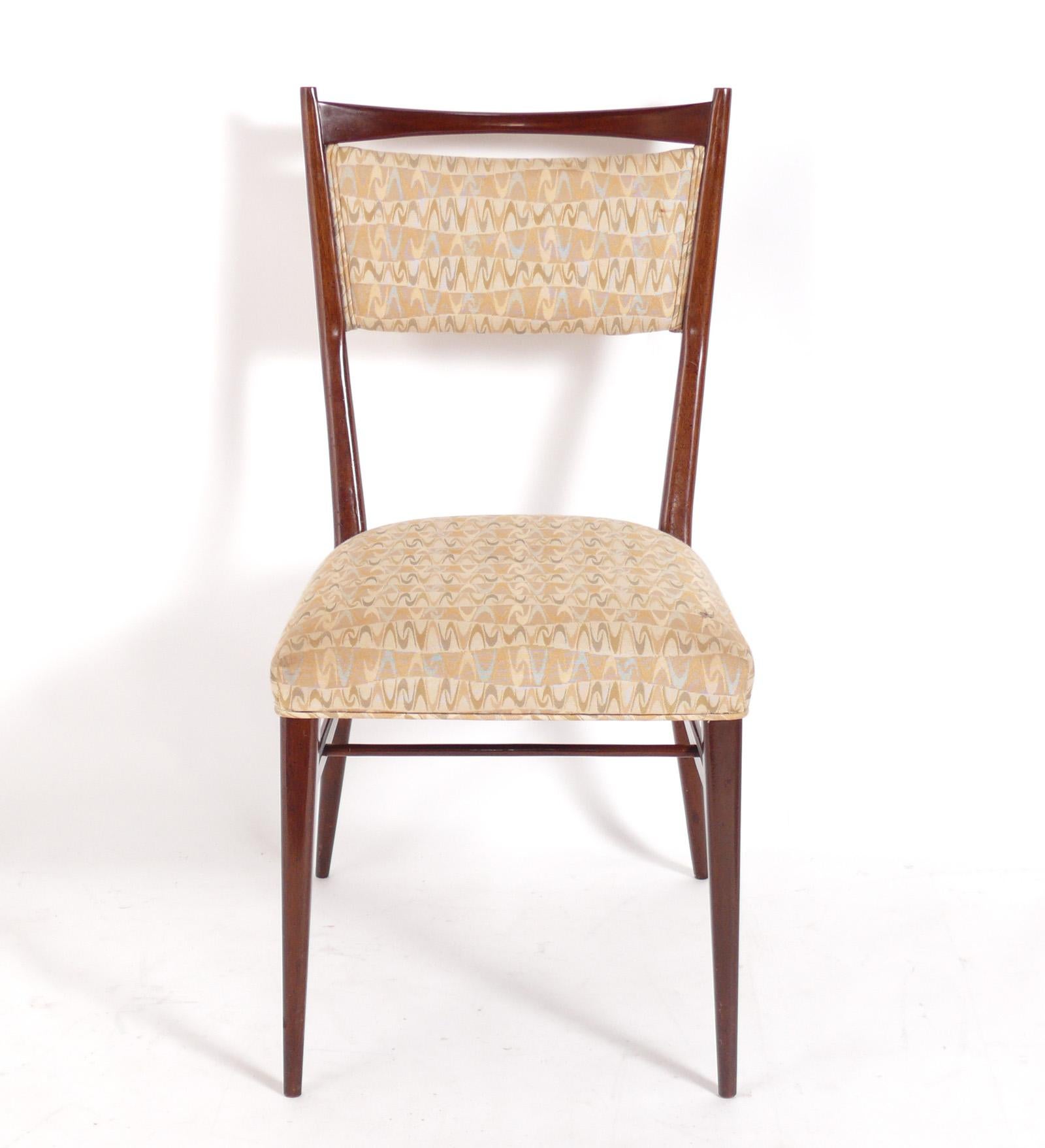 Set of Six Mid Century Dining Chairs, designed by Paul McCobb for Calvin Furniture's Directional Line, American, circa 1950s. These chairs are currently being refinished and reupholstered and can be completed in your choice of wood finish color and