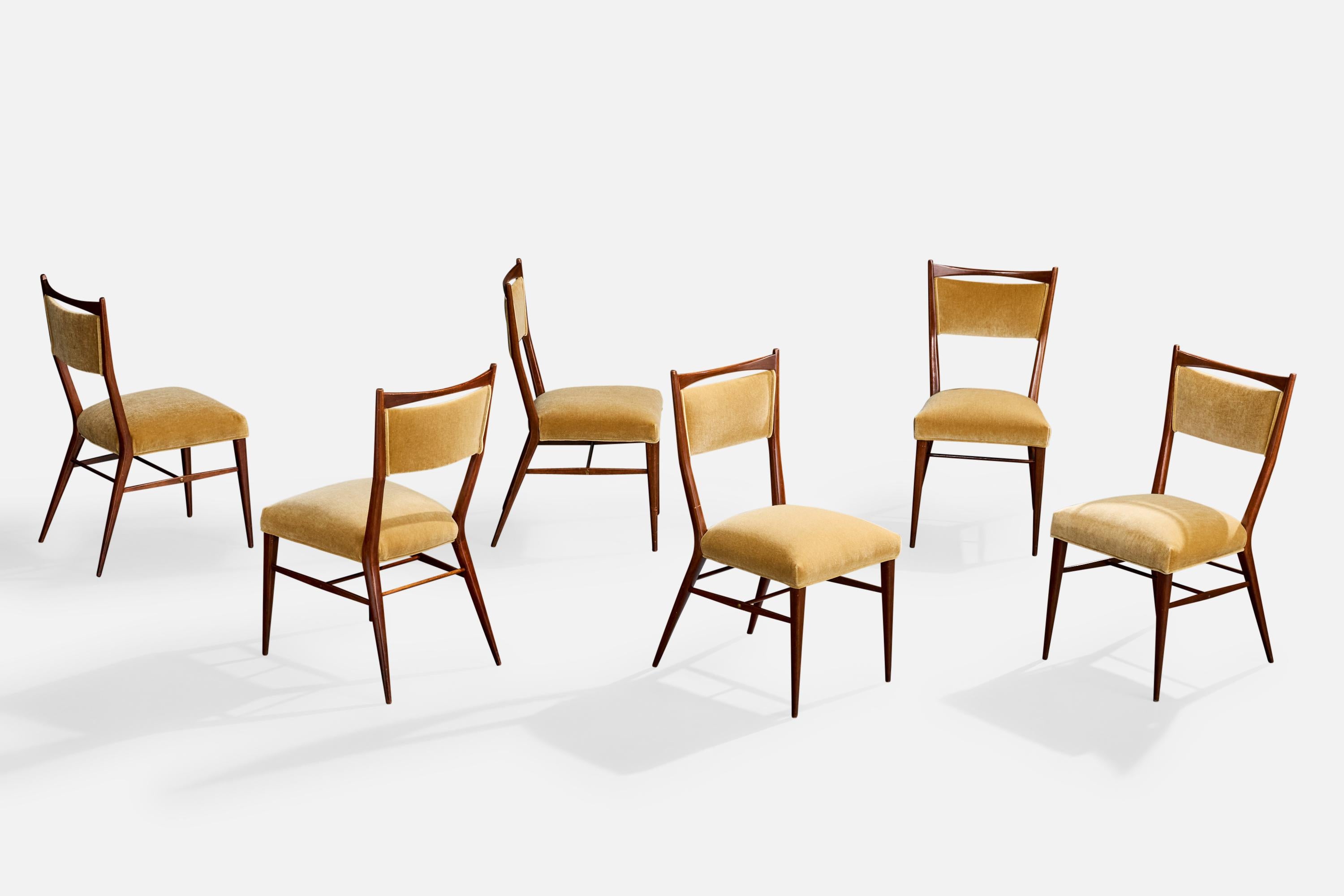 Ein Satz von sechs Esszimmerstühlen aus Holz und gelbem Samt, entworfen von Paul McCobb und hergestellt von Calvin Furniture, USA, ca. 1950er Jahre.

Neu gepolstert mit brandneuem Samt.

Gesamtabmessungen (Zoll): 36,0 