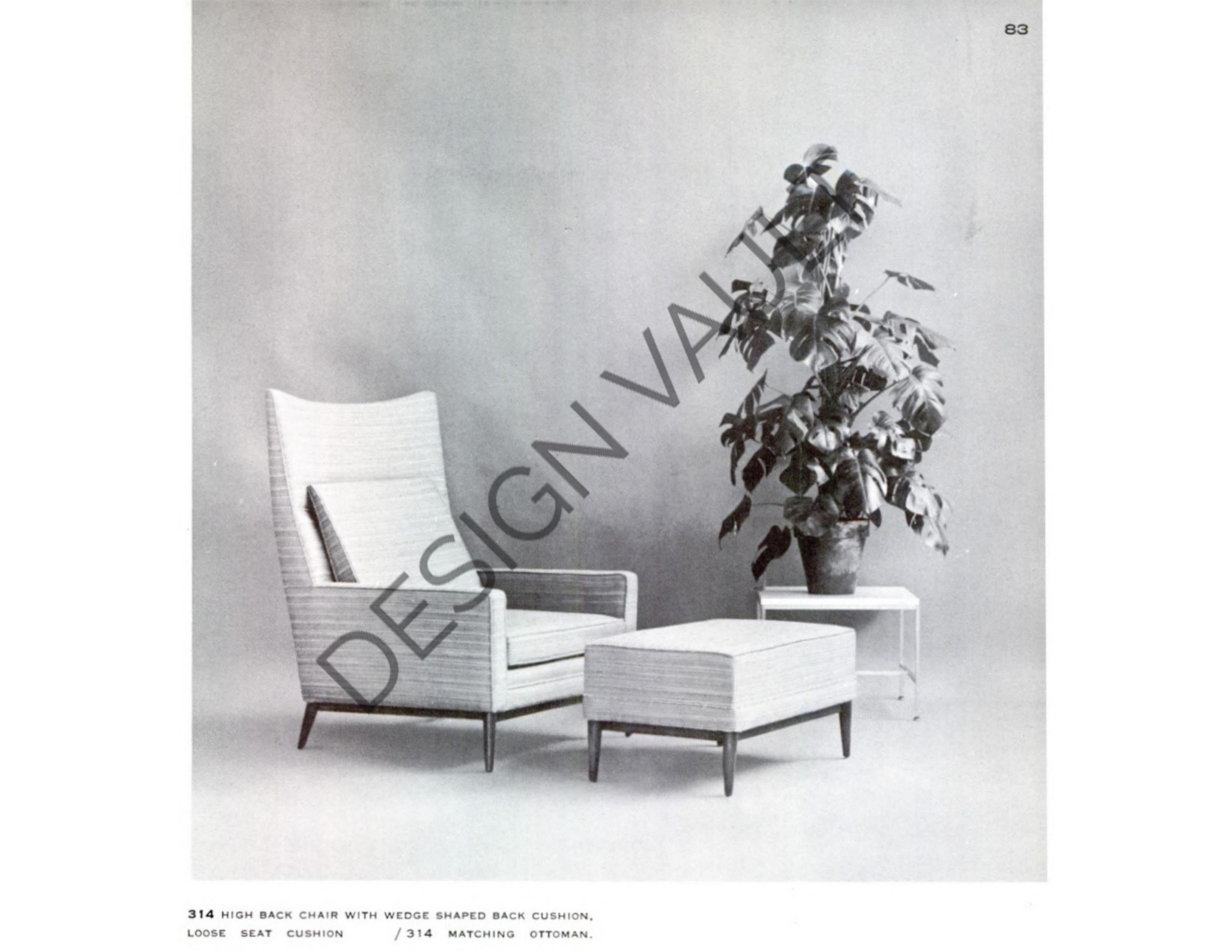 Ein extrem seltenes Set von passenden Hochlehner-Sesseln Modell 314 des legendären amerikanischen Designers Paul McCobb für Directional Furniture, ca. 1950er Jahre. Mit seinen stilvollen spitzen Flügeln, den markanten Winkeln, den sanften Rundungen