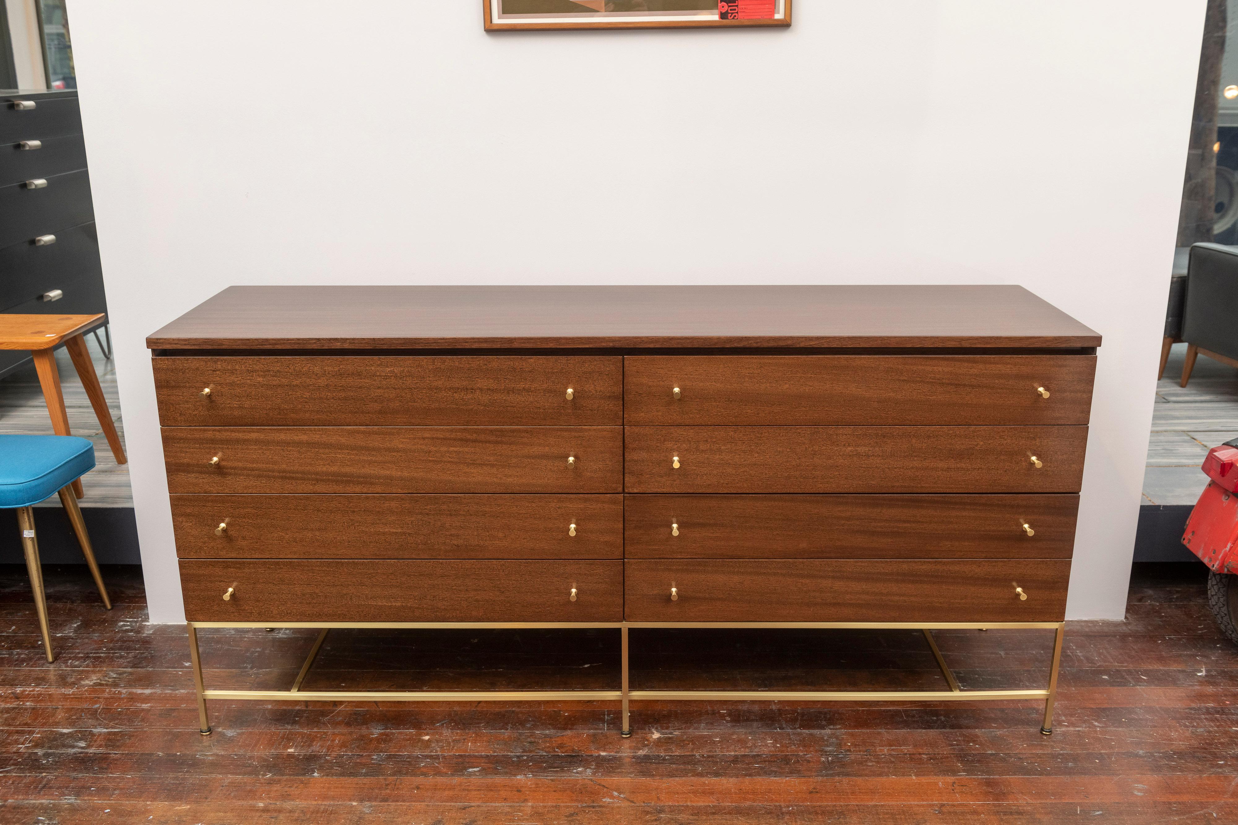 Paul McCobb design mahogany and brass double dresser for Calvin Group Irwin collection.