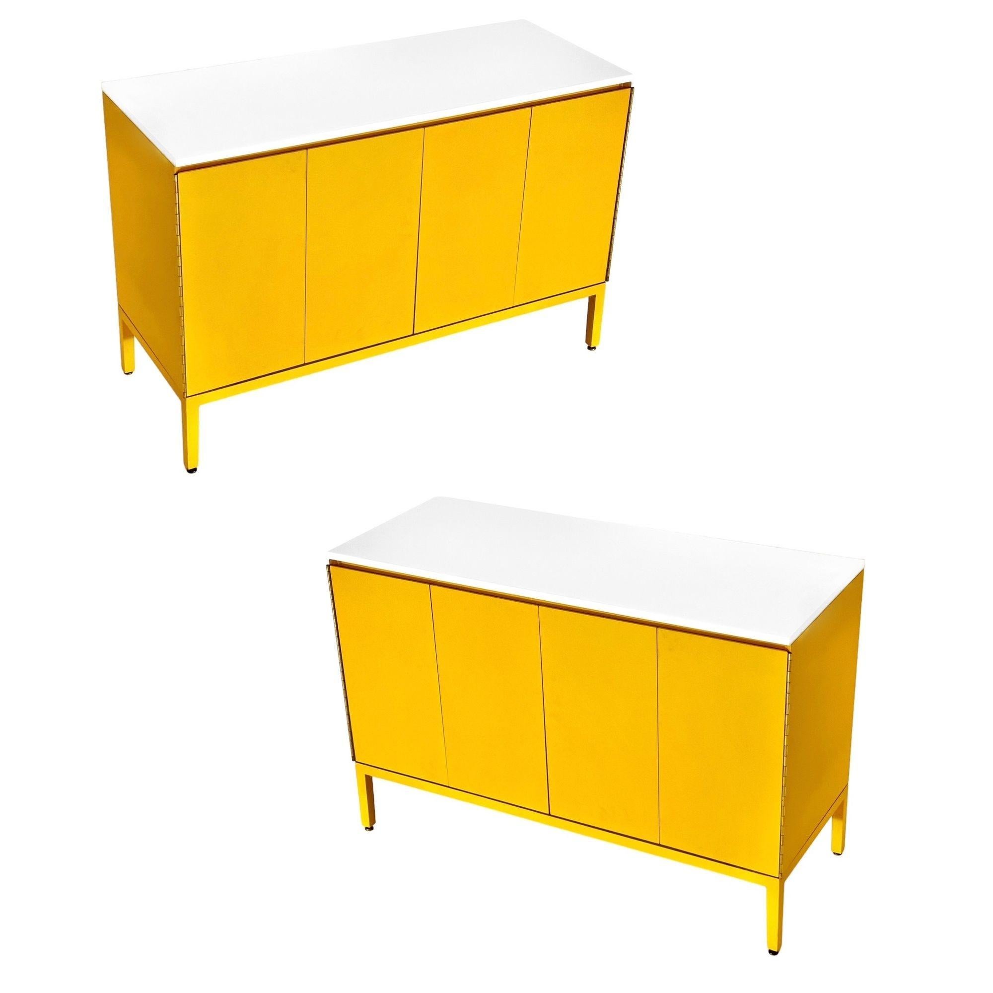 Pair Paul McCobb Dressers w/Vitrolite Glass Top, 1960 for Calvin Furniture. Restored in Sunshine yellow paint.