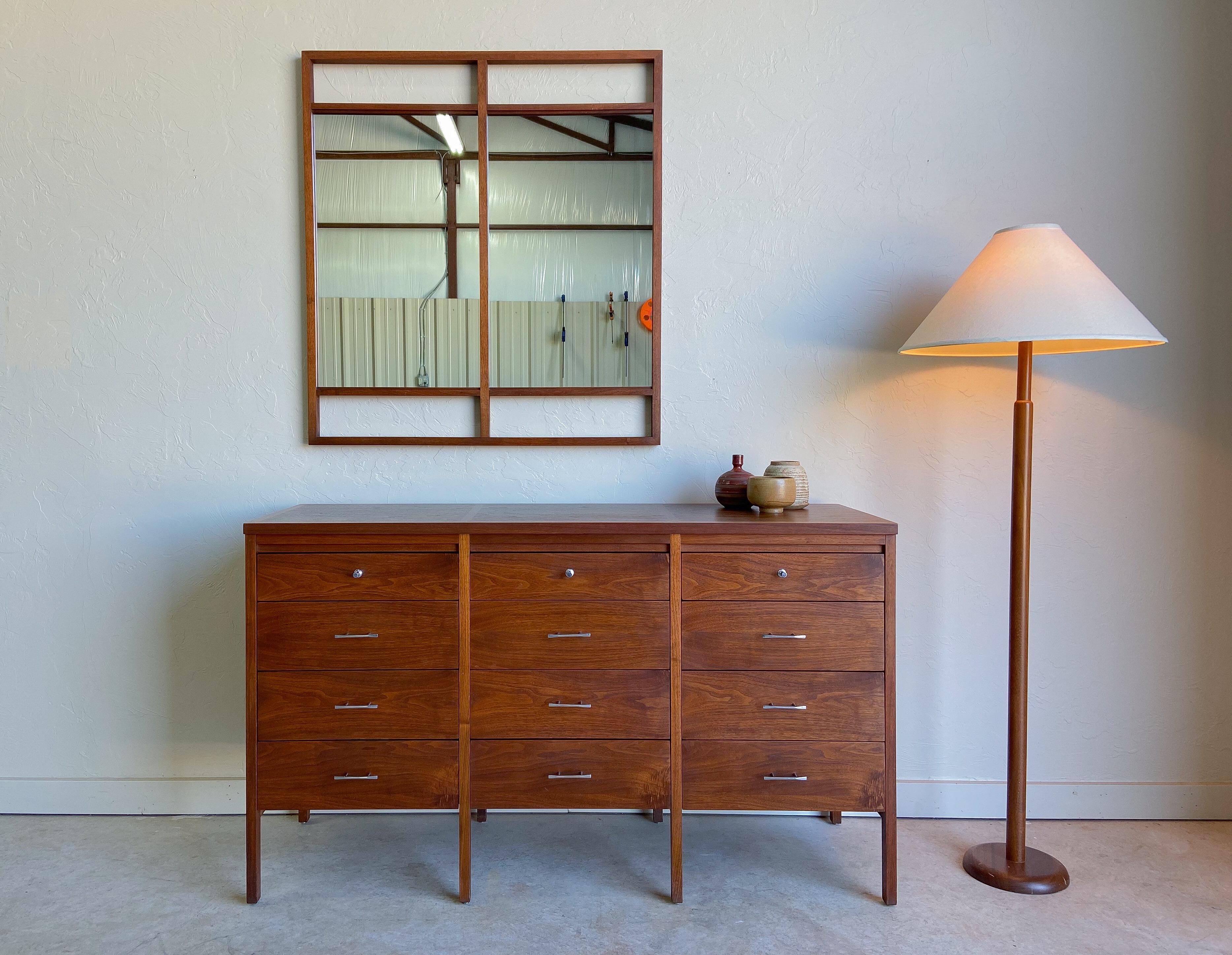 A beautiful twelve drawer dresser designed by Paul McCobb for Lane. Designed as part of McCobb’s “Delineator” series, this dresser features stunning architectural lines. 

Comprised of both solid walnut and beautiful bookmatched walnut veneer.