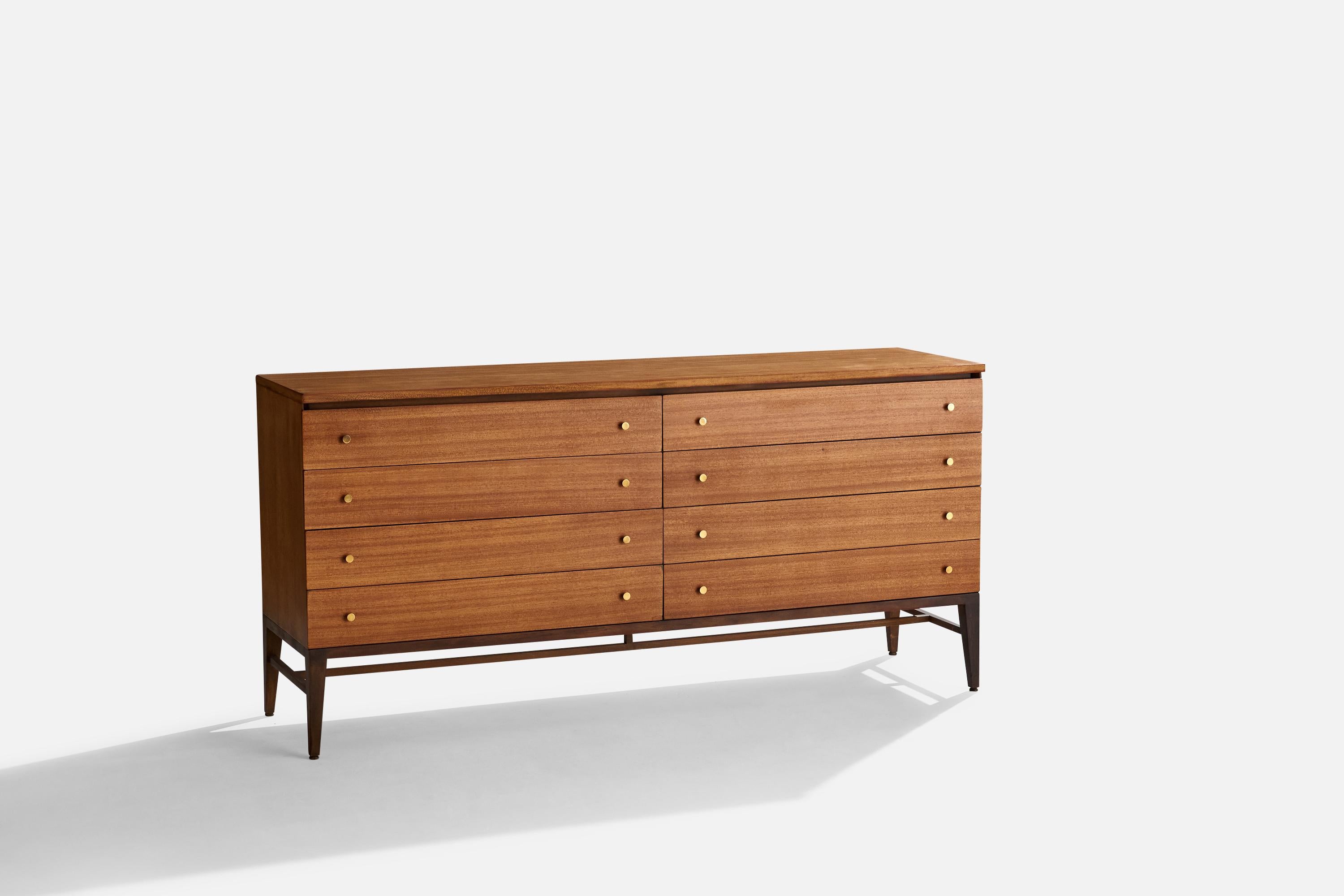 Commode en laiton et acajou conçue par Paul McCobb et produite par Calvin Furniture, États-Unis, vers les années 1960.