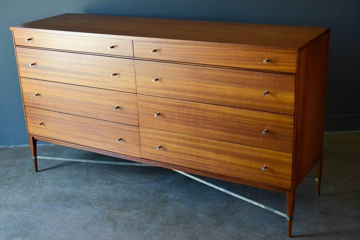 Mid-Century Modern Paul McCobb Eight-Drawer Mahogany Dresser with Brass X-Base Stretchers