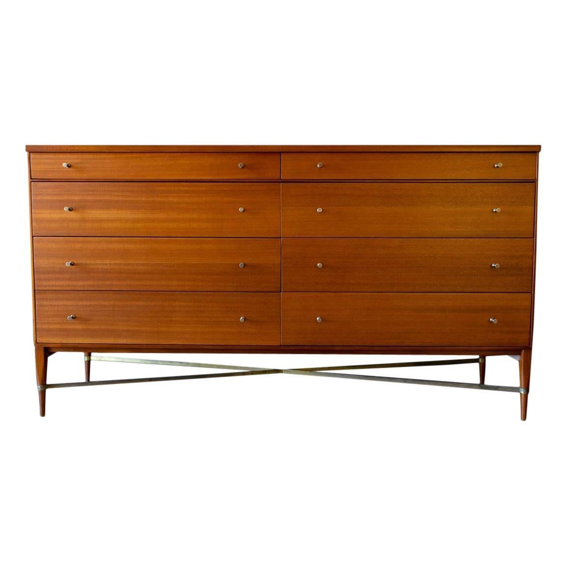 Paul McCobb Eight-Drawer Mahogany Dresser with Brass X-Base Stretchers