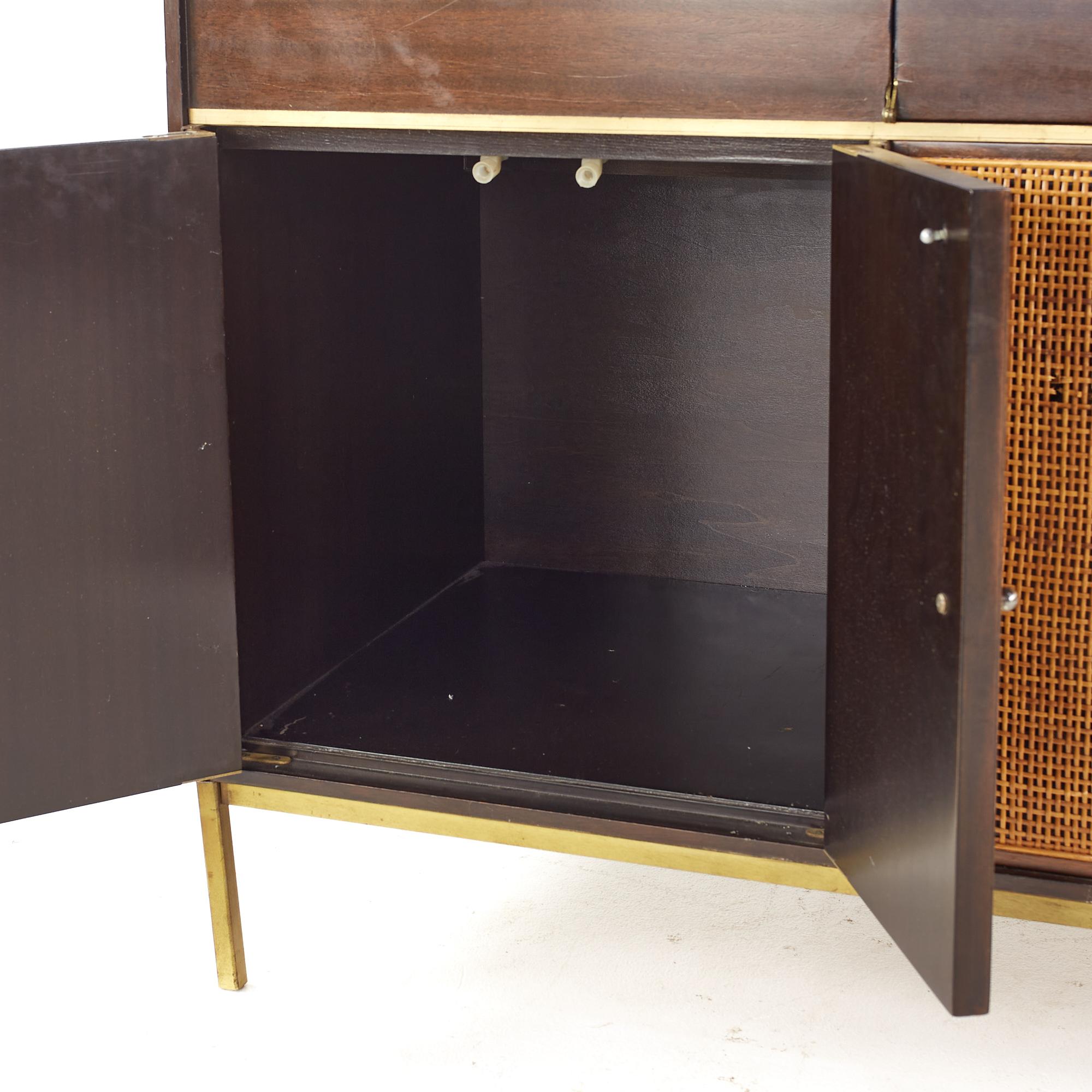 Paul McCobb for Bell and Howell Mid Century Cane and Brass Stereo Console For Sale 2