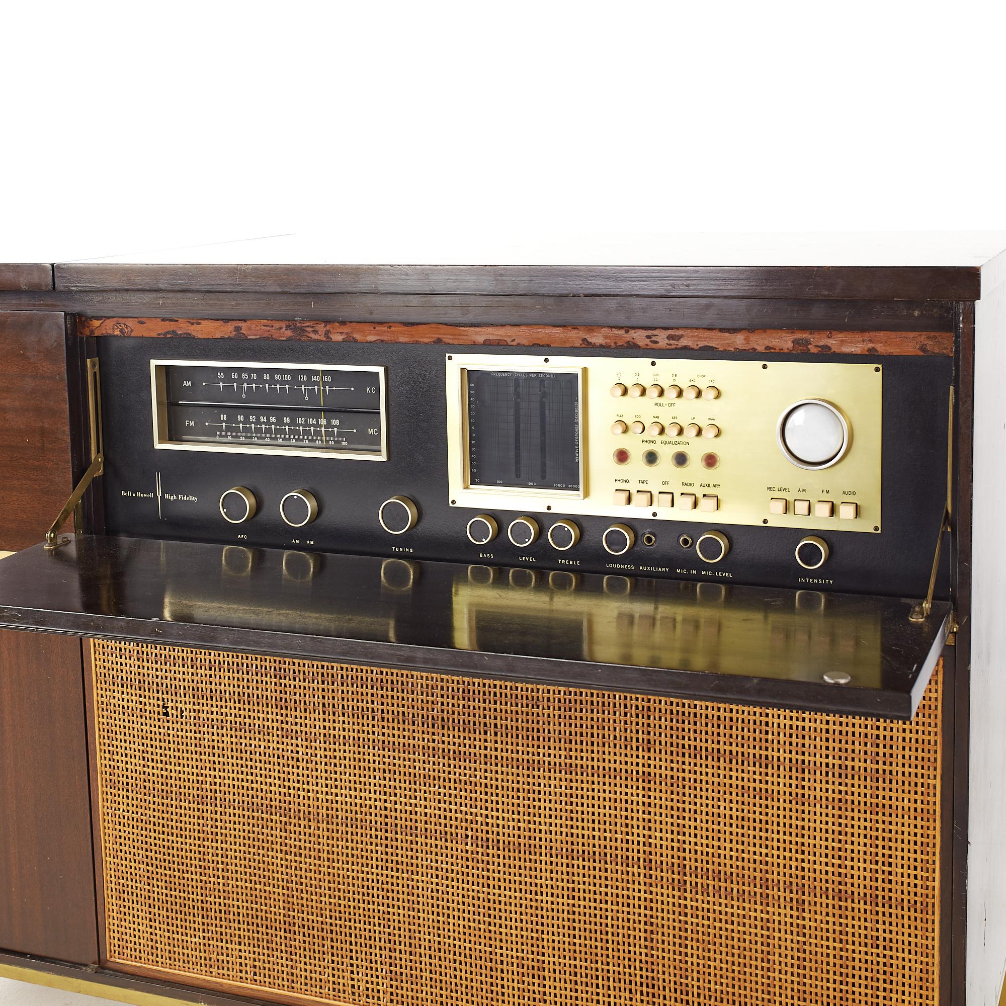 Paul McCobb for Bell and Howell Mid Century Cane and Brass Stereo Console For Sale 3