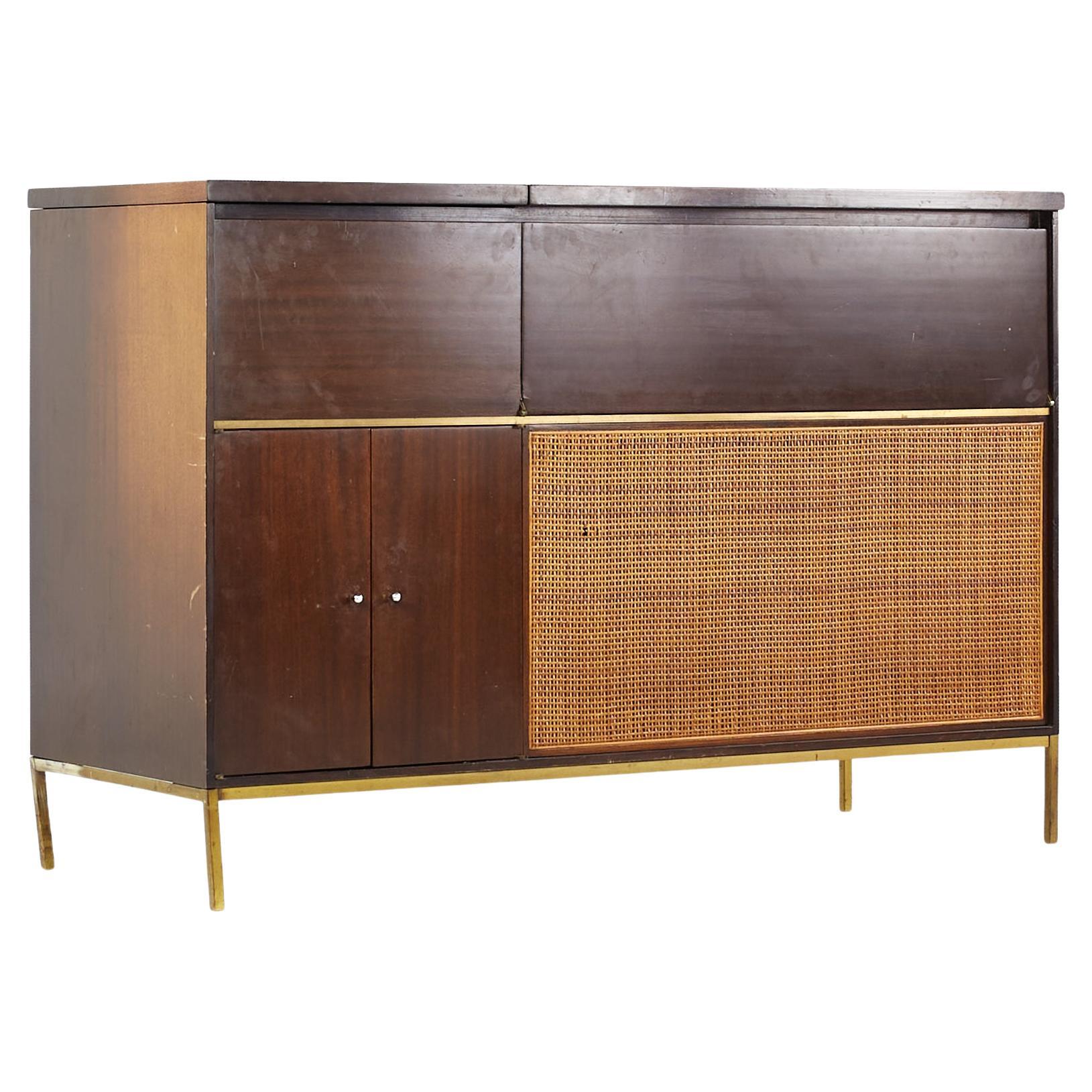 Paul McCobb for Bell and Howell Mid Century Cane and Brass Stereo Console For Sale