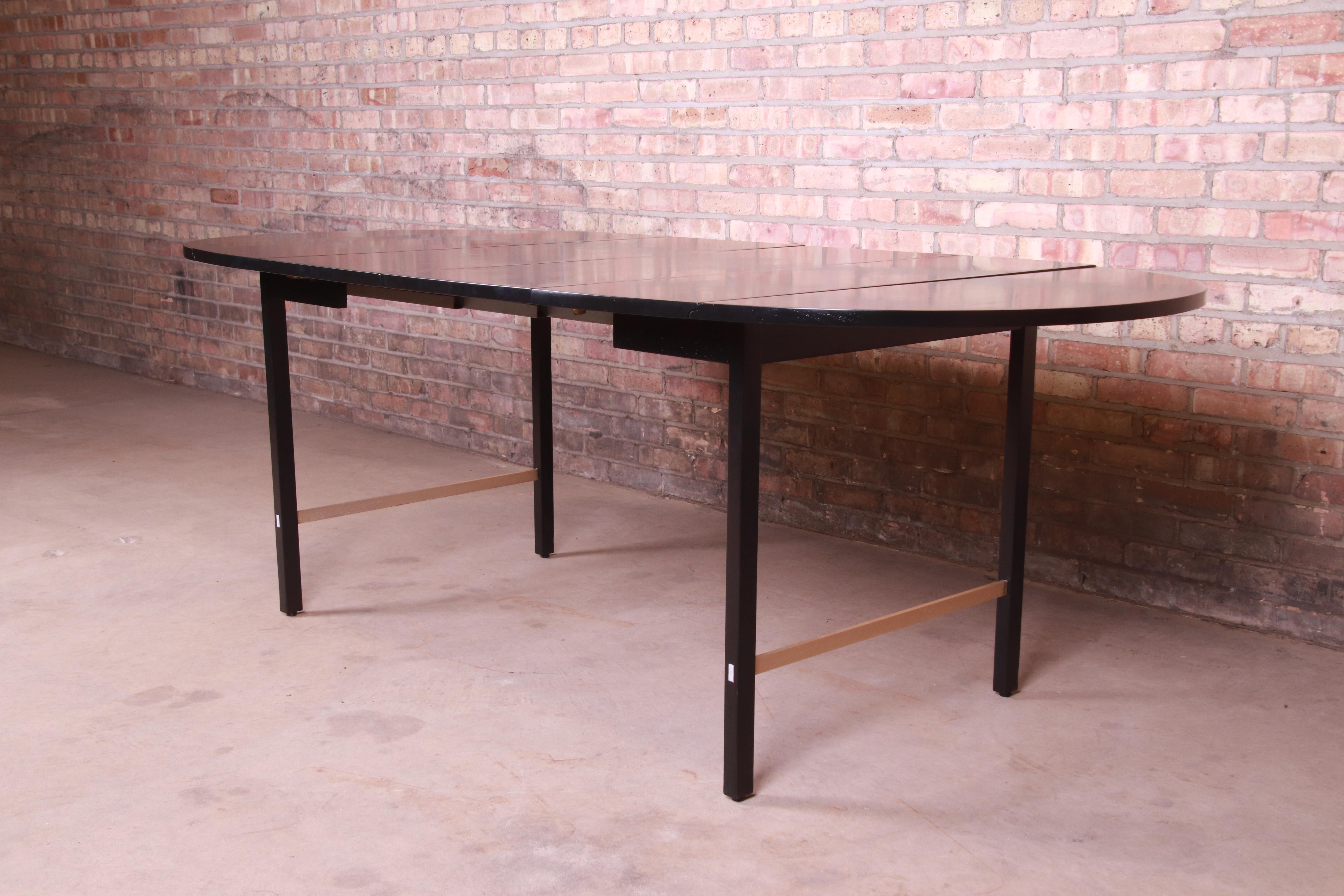 American Paul McCobb for Calvin Black Lacquer and Brass Dining Table, Newly Refinished