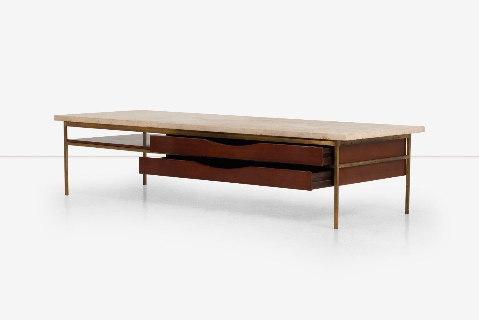 Paul McCobb for Calvin Brass, Walnut and Travertine Marble Slab-Top For Sale 3