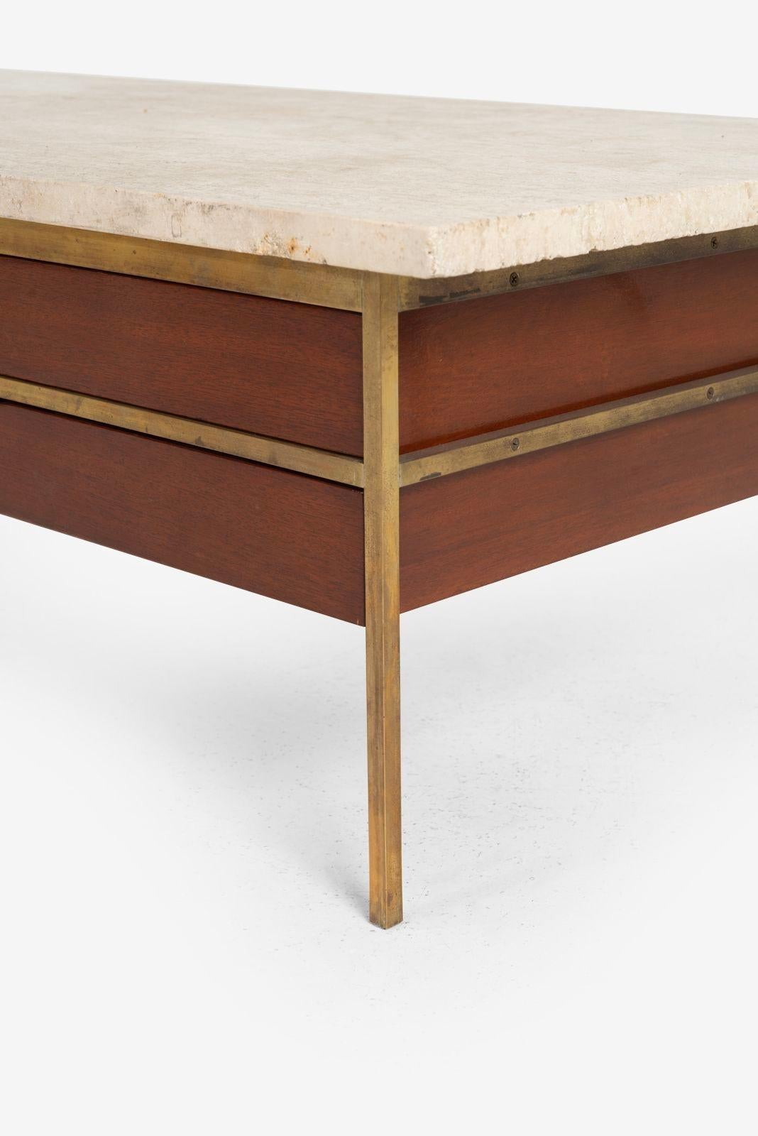 Paul McCobb for Calvin Brass, Walnut and Travertine Marble Slab-Top For Sale 4