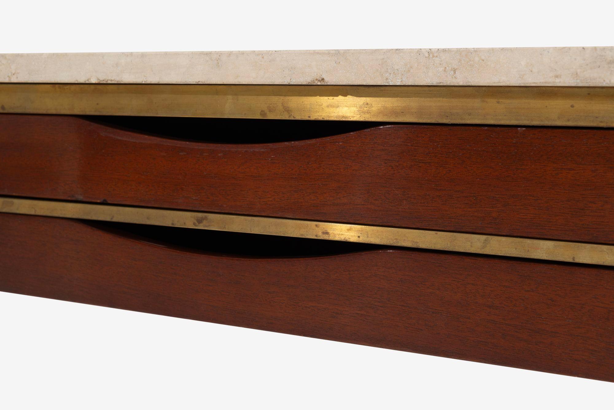 Paul McCobb for Calvin Brass, Walnut and Travertine Marble Slab-Top For Sale 5
