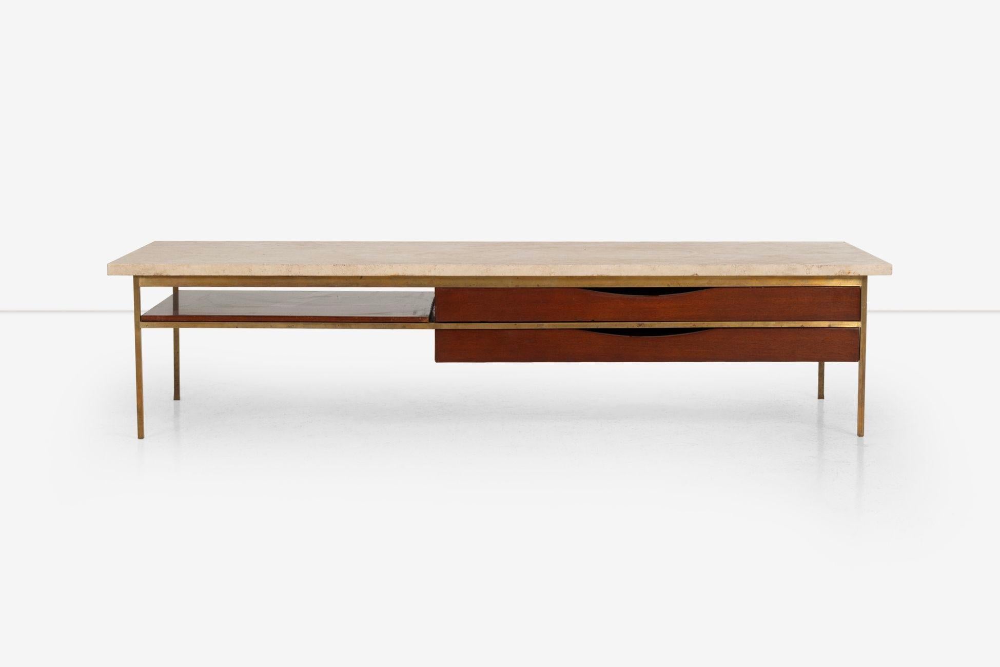 Mid-Century Modern Paul McCobb for Calvin Brass, Walnut and Travertine Marble Slab-Top For Sale