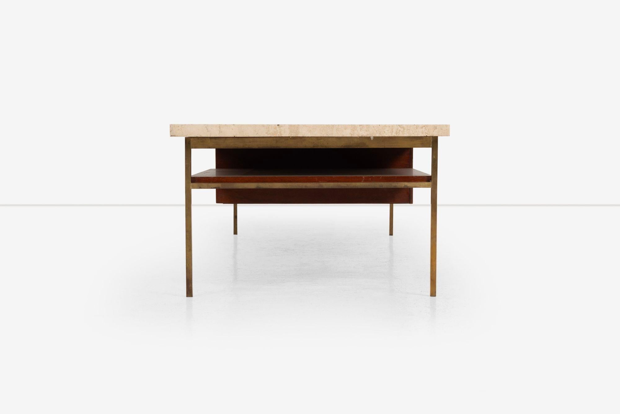 Lacquered Paul McCobb for Calvin Brass, Walnut and Travertine Marble Slab-Top For Sale