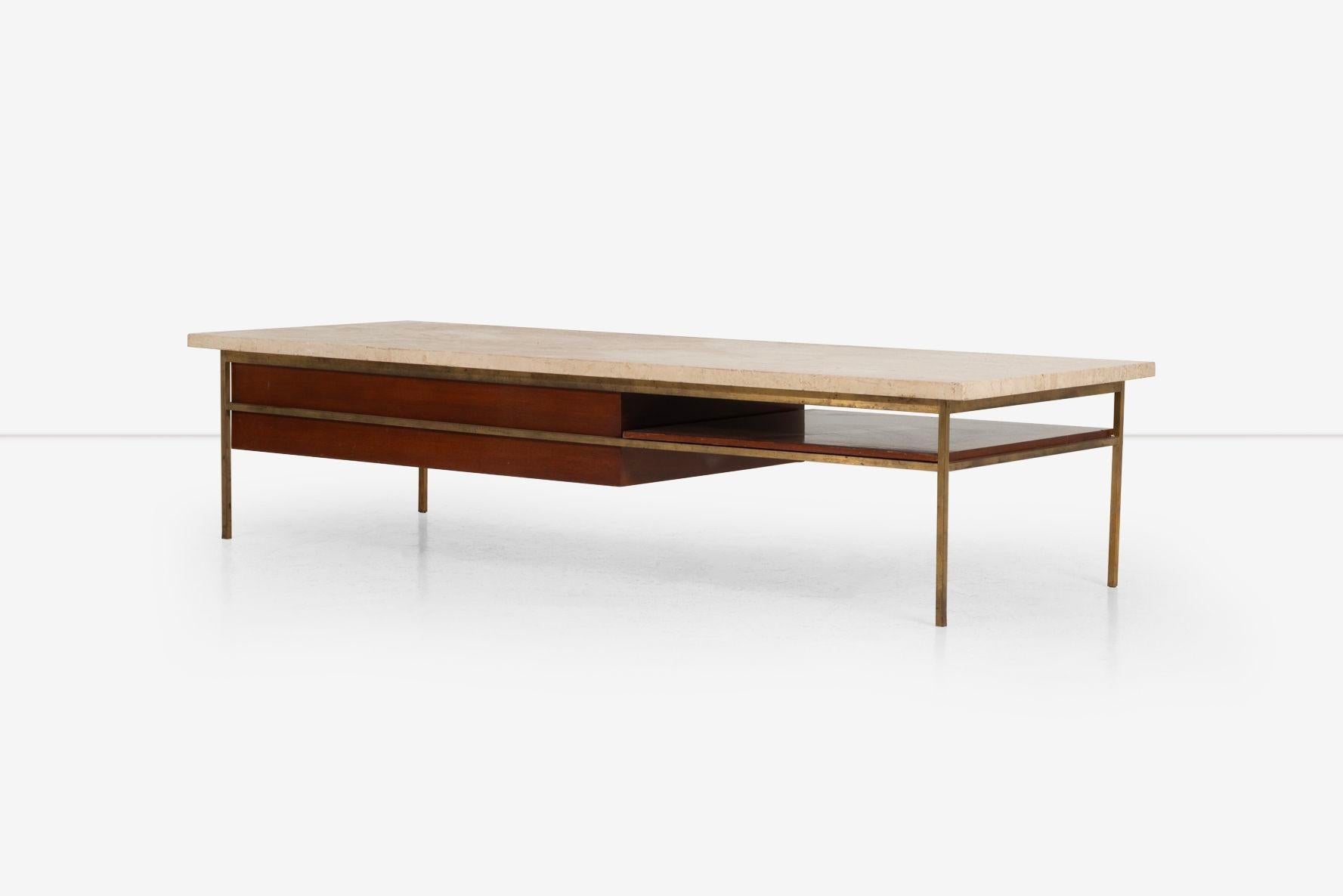 Paul McCobb for Calvin Brass, Walnut and Travertine Marble Slab-Top In Good Condition For Sale In Chicago, IL