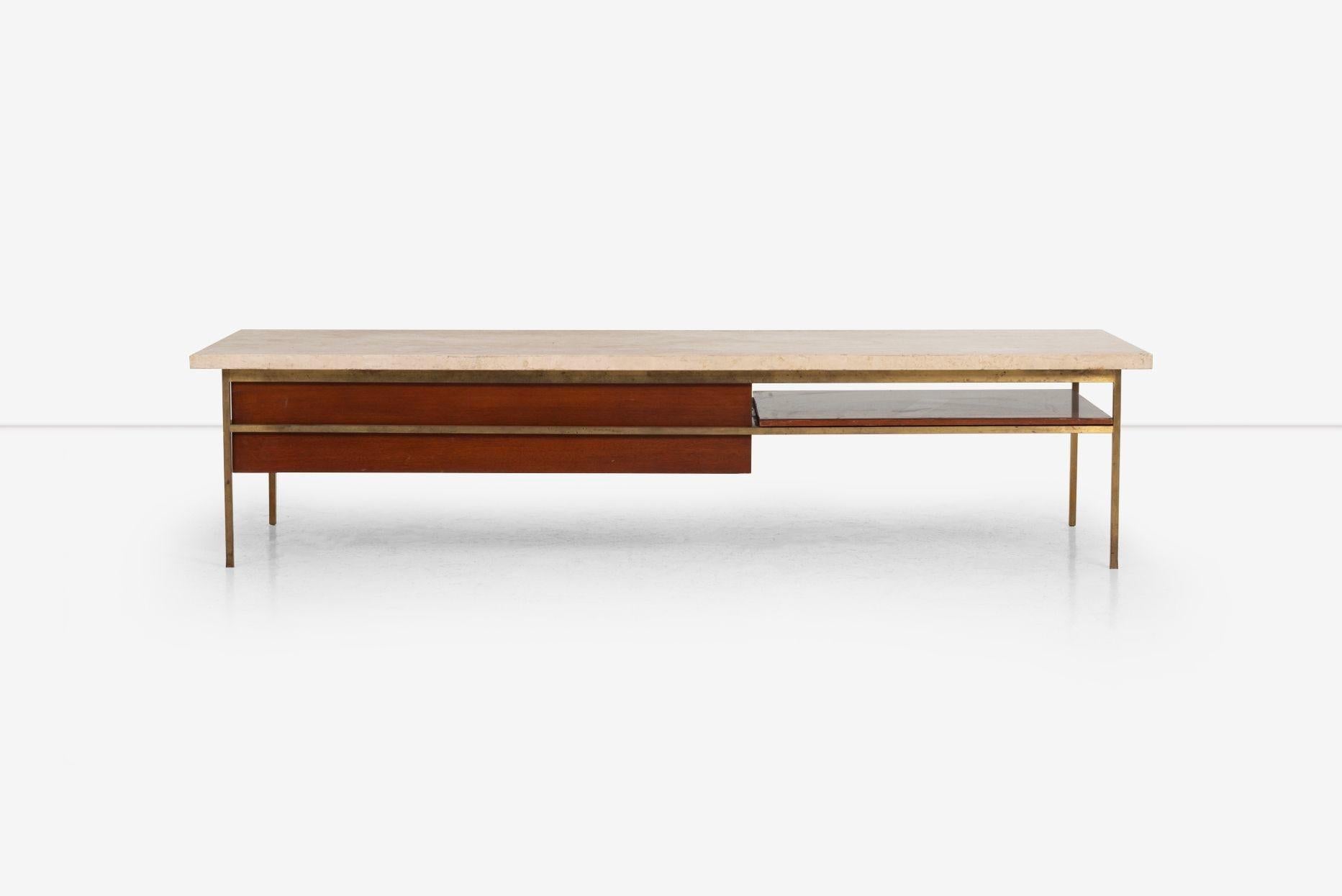 Mid-20th Century Paul McCobb for Calvin Brass, Walnut and Travertine Marble Slab-Top For Sale