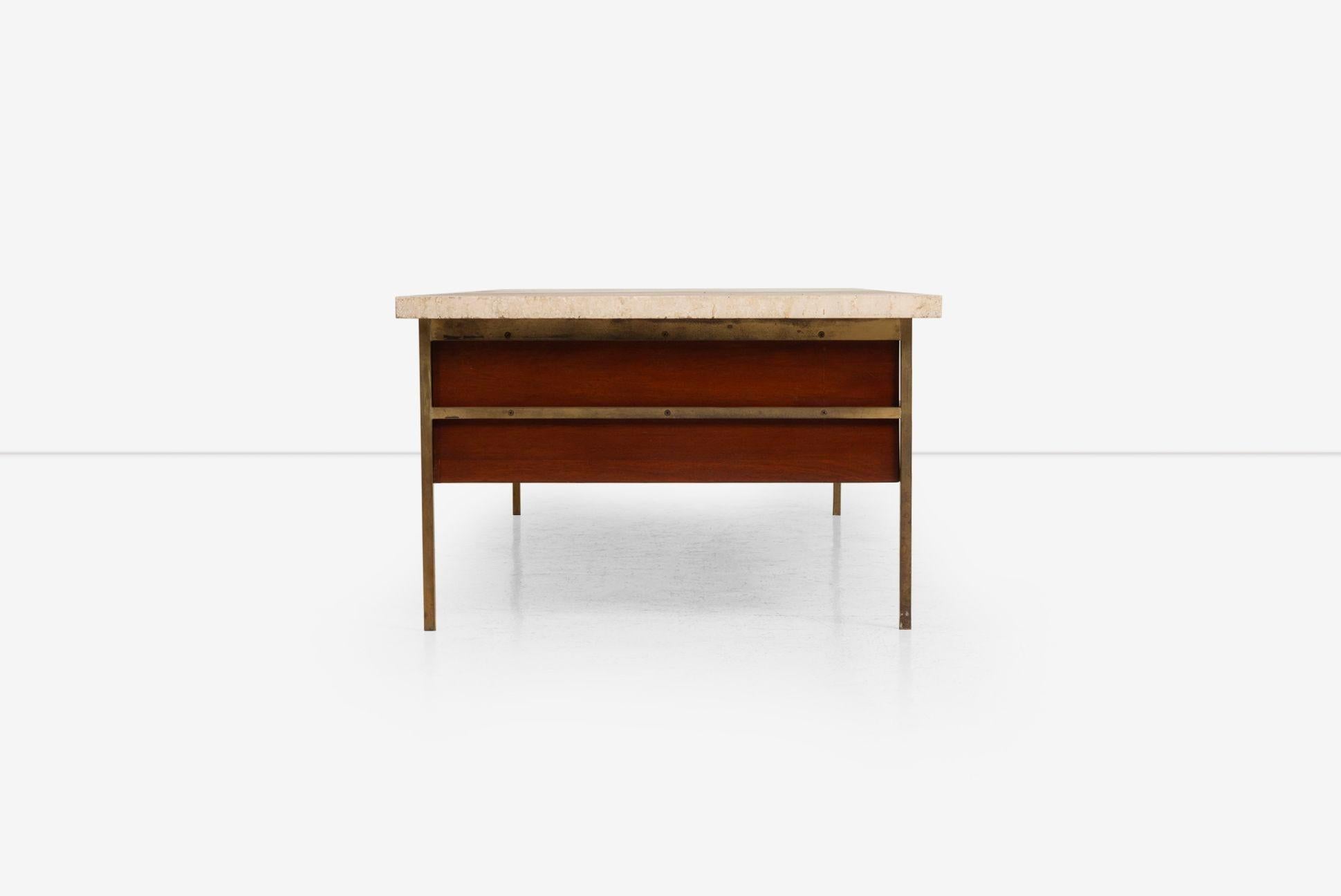 Paul McCobb for Calvin Brass, Walnut and Travertine Marble Slab-Top For Sale 1