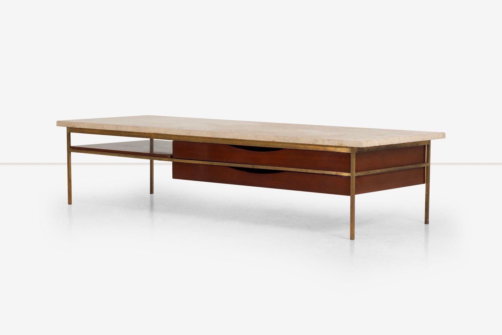 Paul McCobb for Calvin Brass, Walnut and Travertine Marble Slab-Top For Sale 2