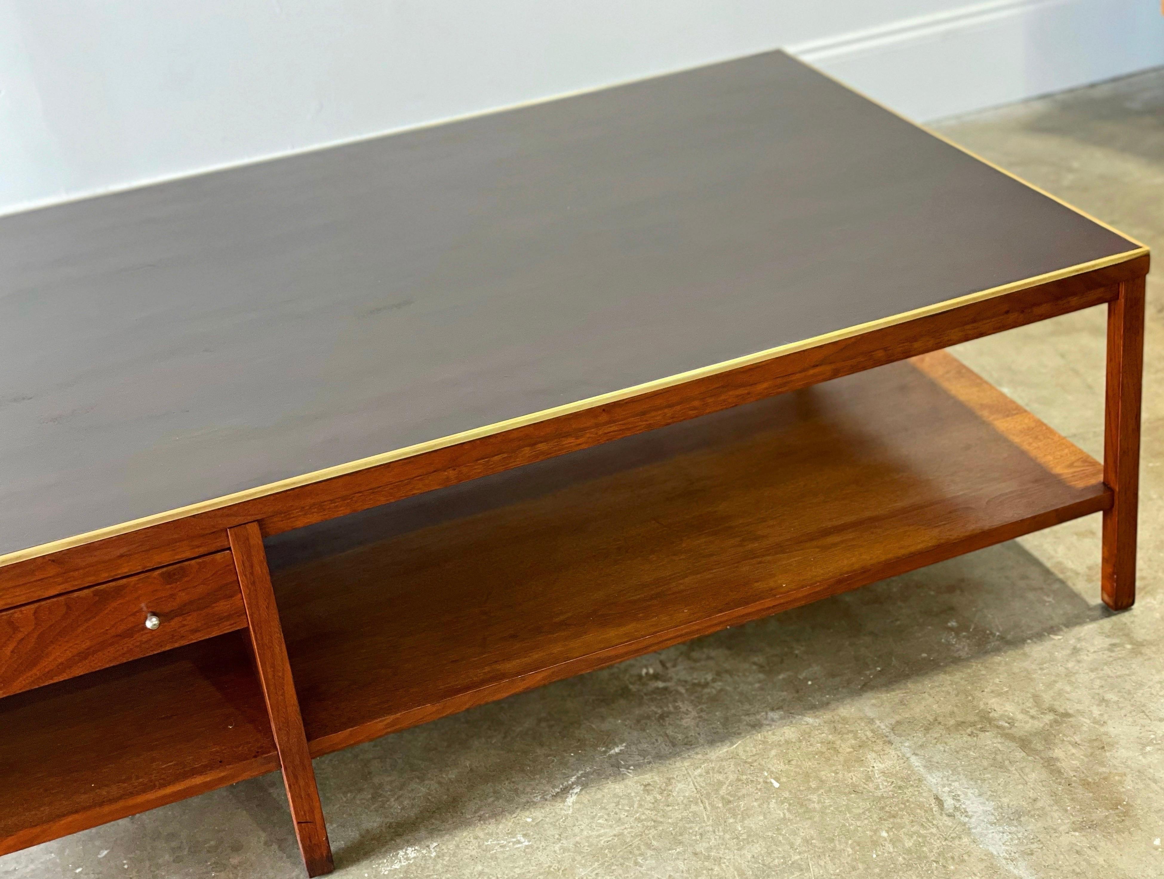 Paul McCobb for Calvin Cocktail Coffee Table in Leather + Walnut + Brass 5