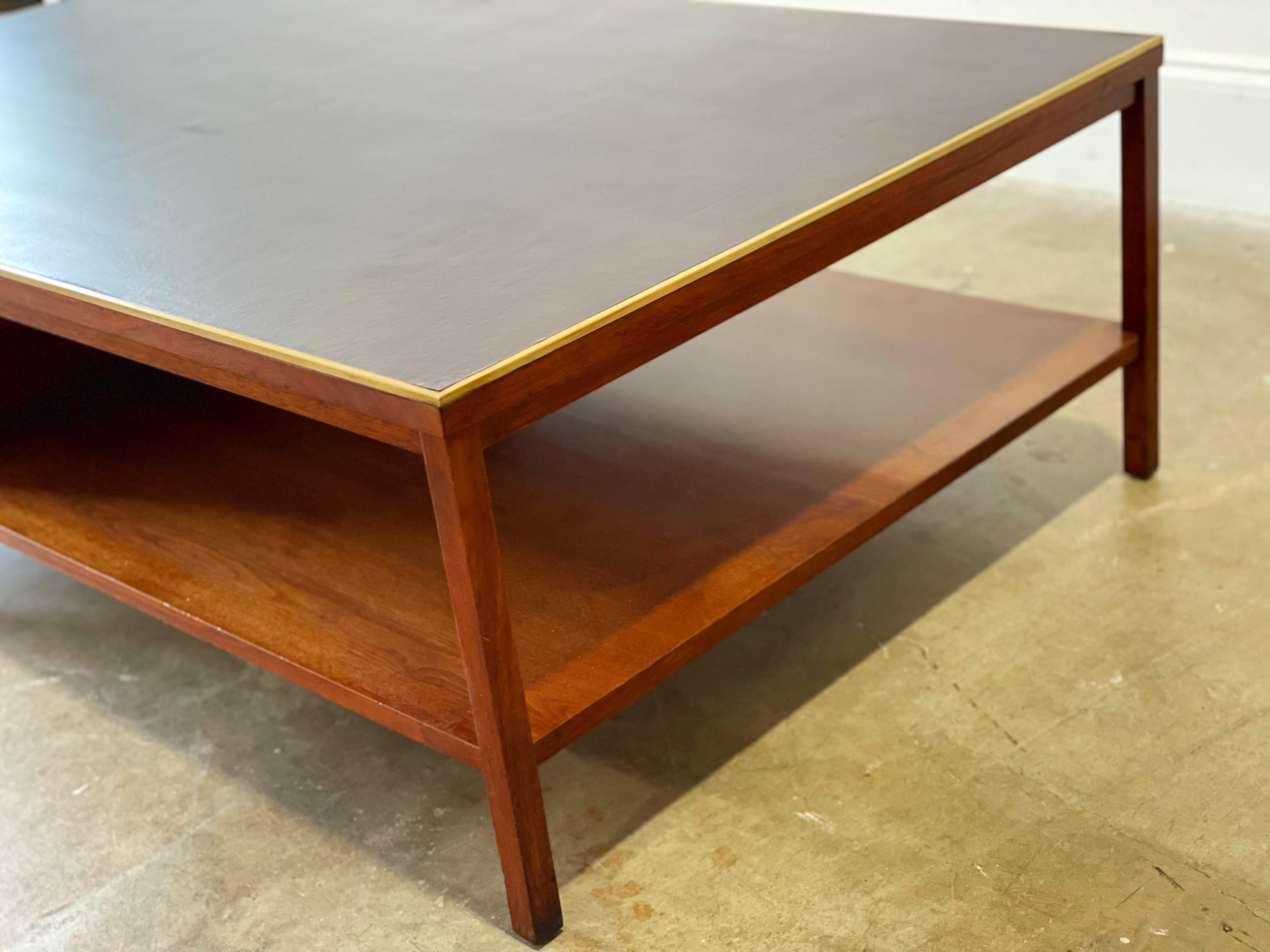 Paul McCobb for Calvin Cocktail Coffee Table in Leather + Walnut + Brass 6