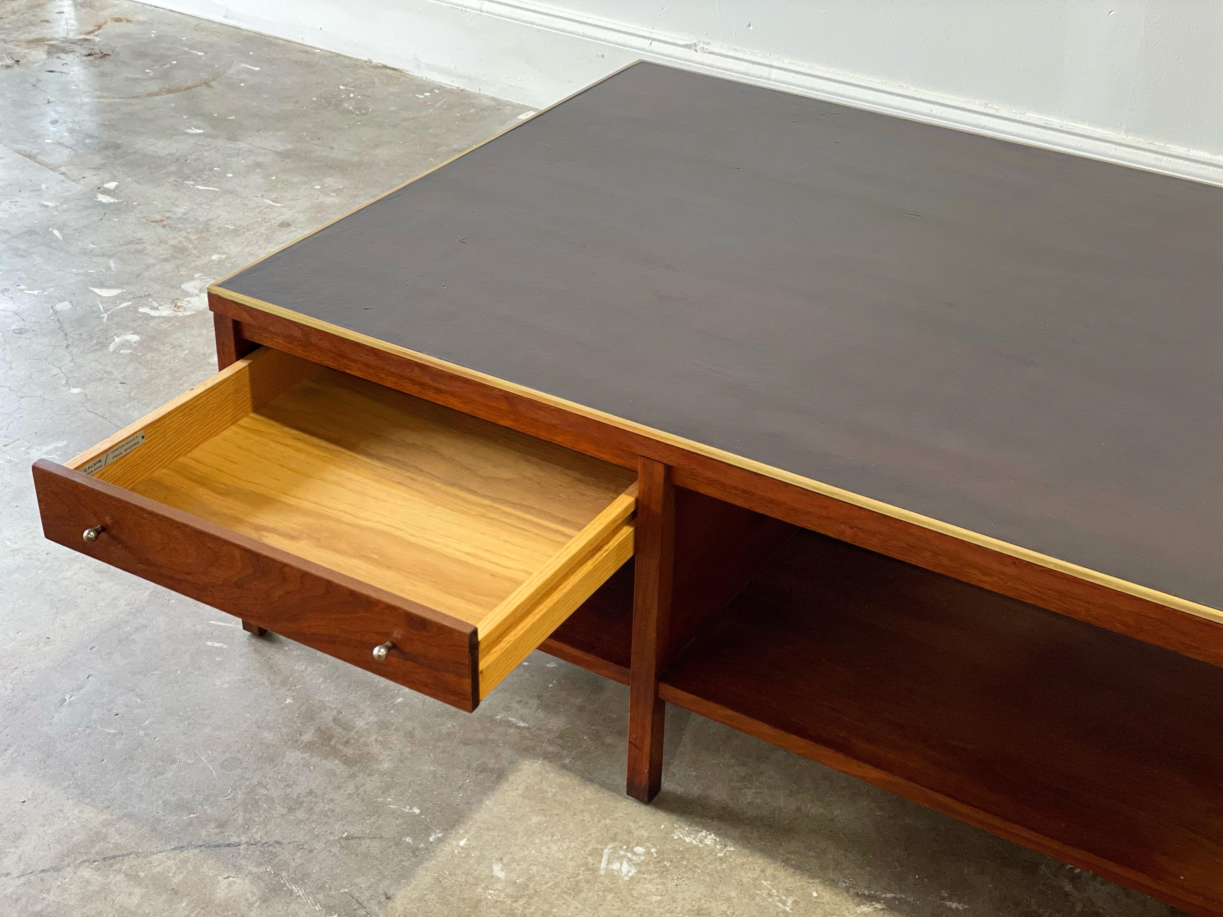Paul McCobb for Calvin Cocktail Coffee Table in Leather + Walnut + Brass 7