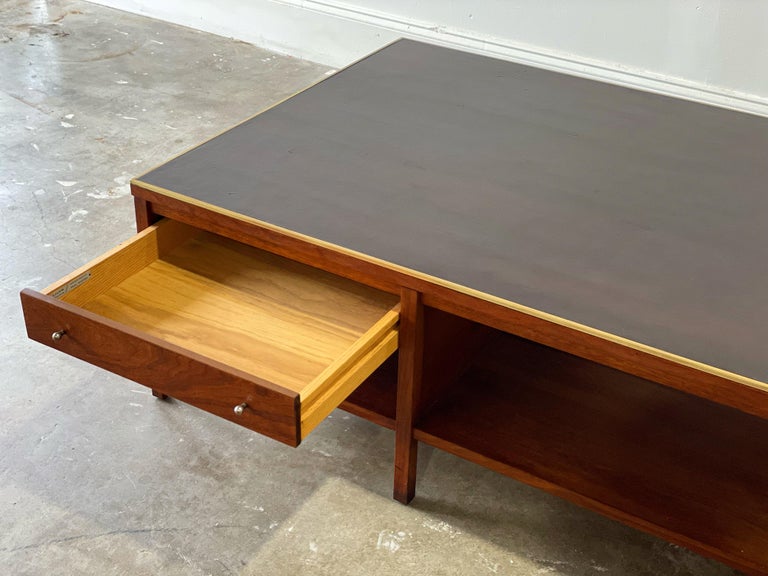 Paul McCobb for Calvin Cocktail Coffee Table in Leather + Walnut + Brass For Sale 7