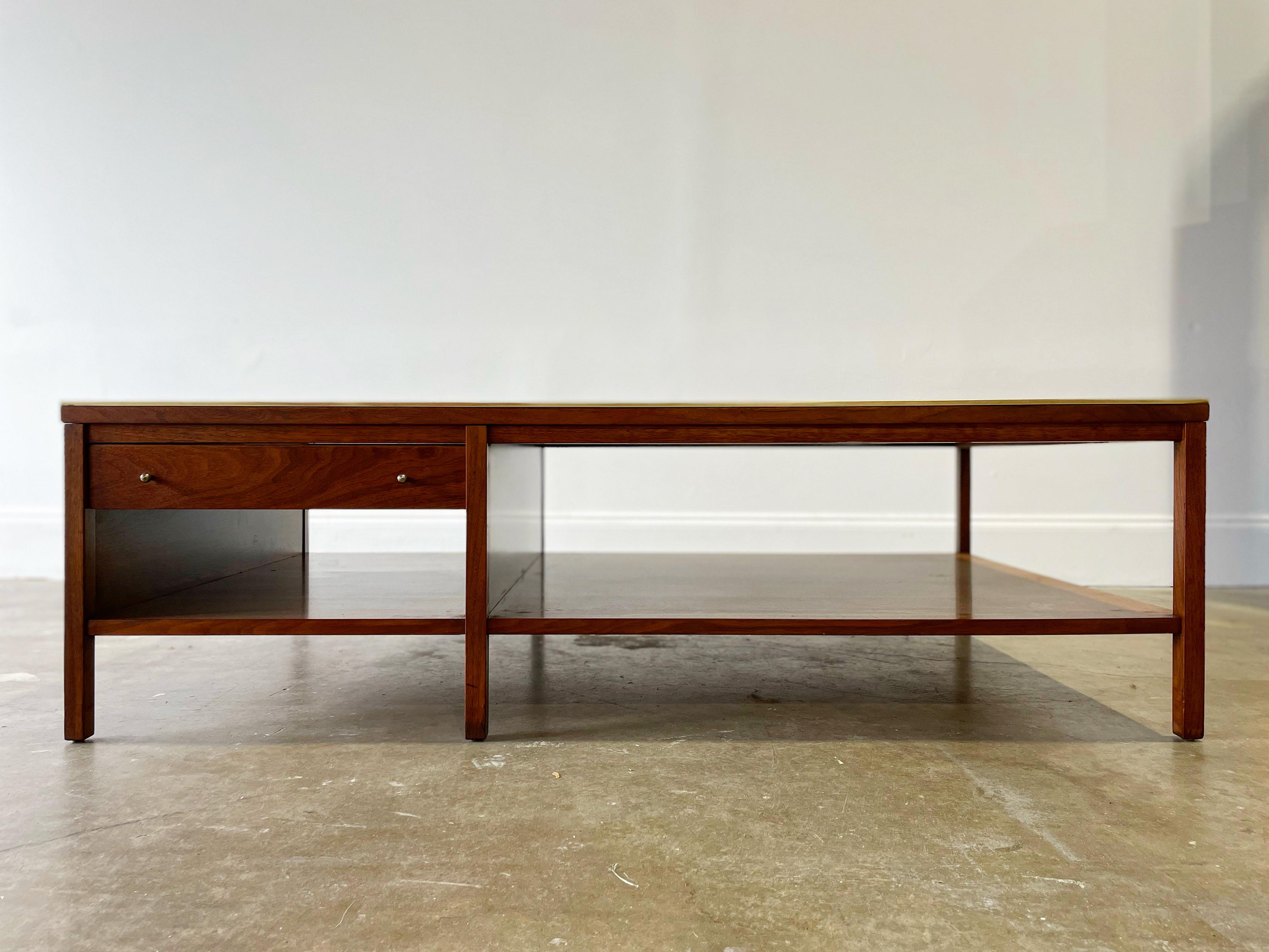 Paul McCobb for Calvin Cocktail Coffee Table in Leather + Walnut + Brass 8