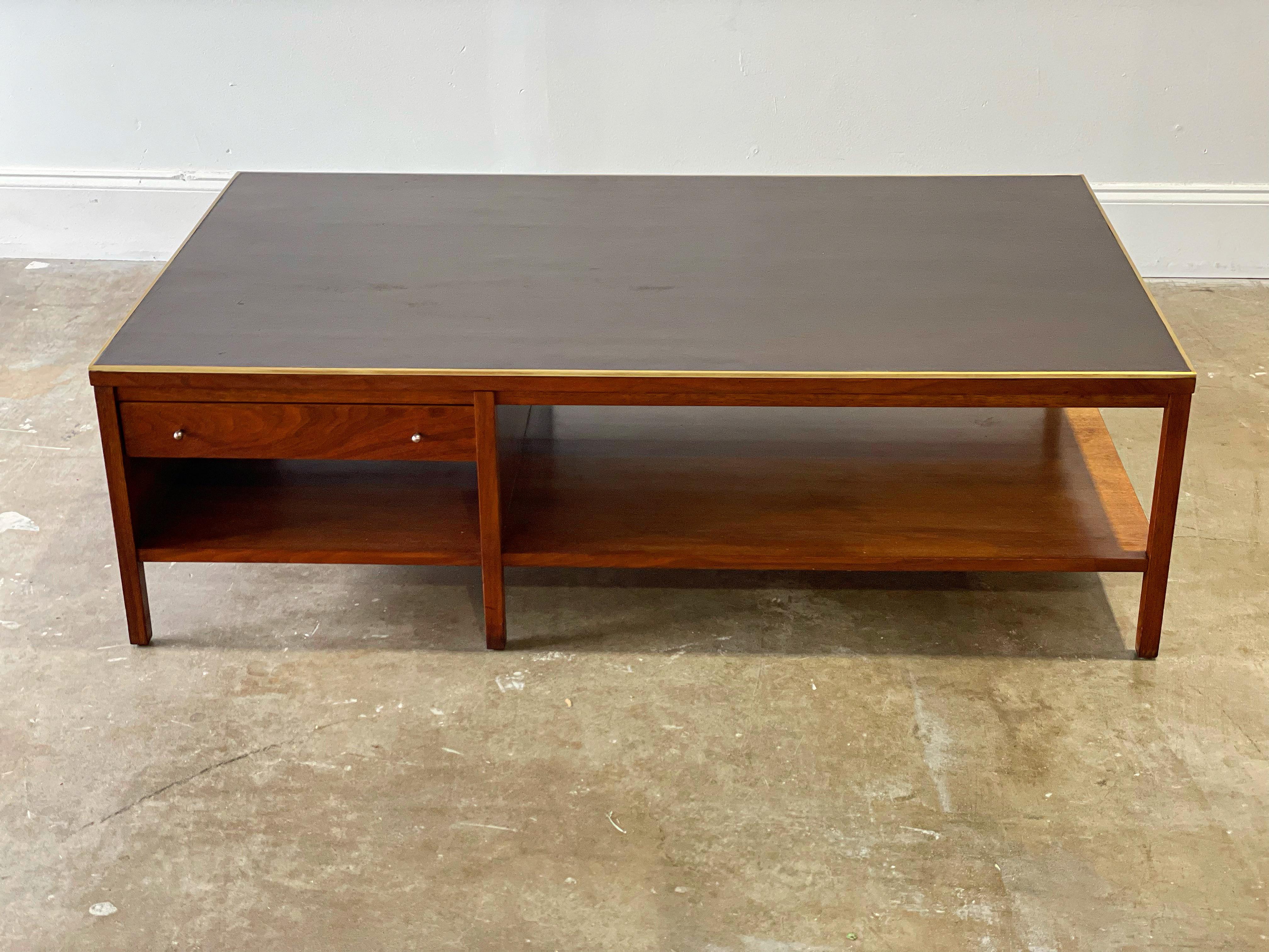 Paul McCobb for Calvin Cocktail Coffee Table in Leather + Walnut + Brass 10