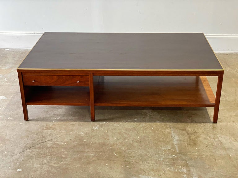Paul McCobb for Calvin Cocktail Coffee Table in Leather + Walnut + Brass For Sale 10