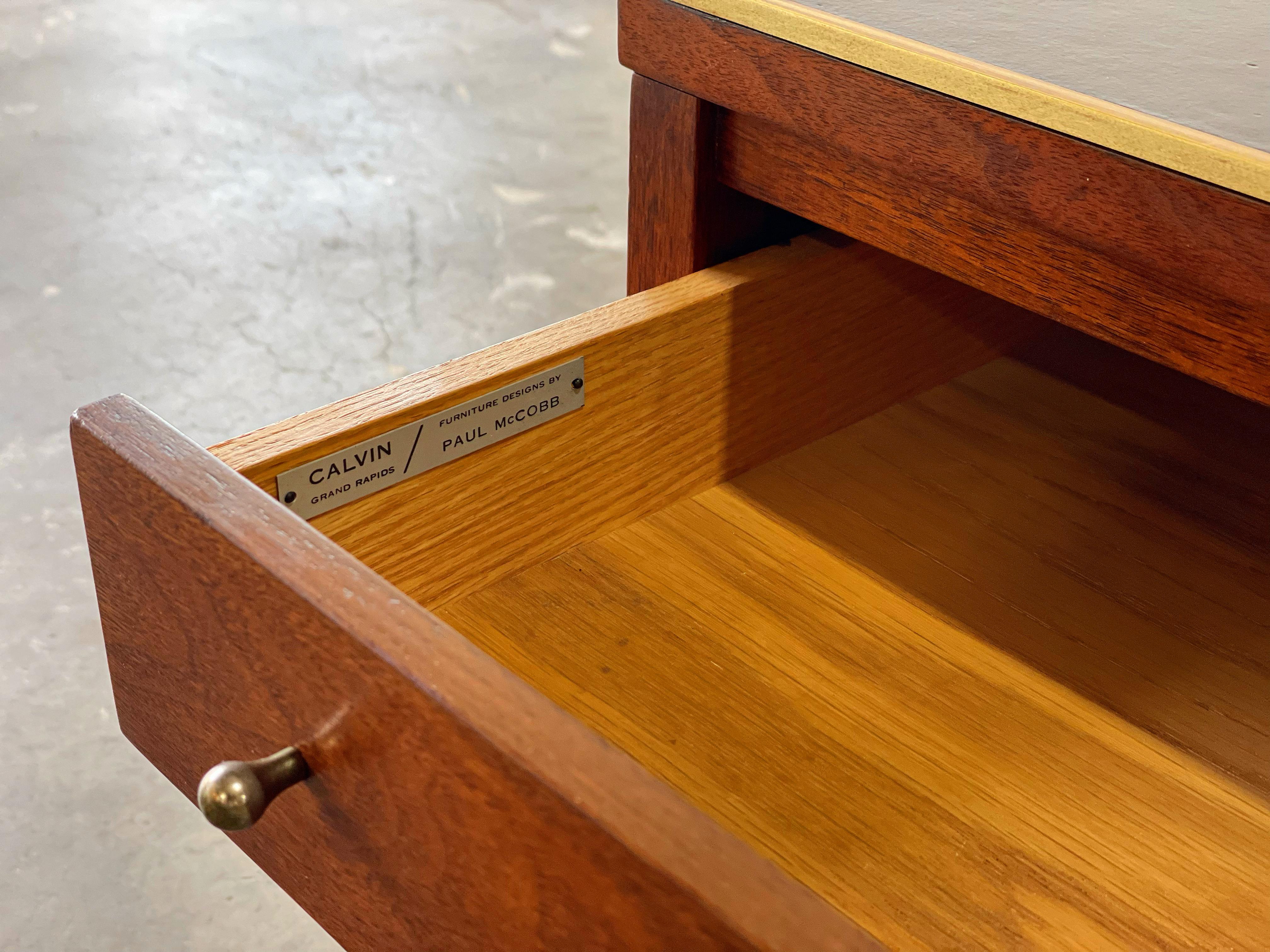 American Paul McCobb for Calvin Cocktail Coffee Table in Leather + Walnut + Brass