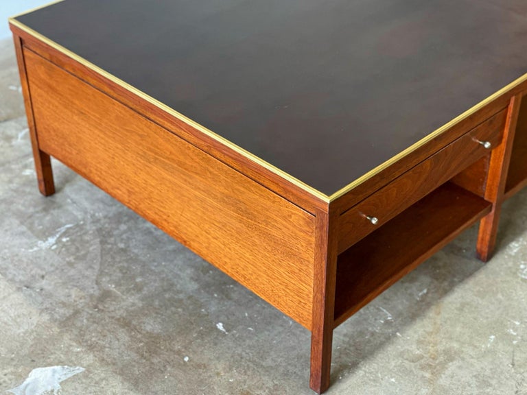 Paul McCobb for Calvin Cocktail Coffee Table in Leather + Walnut + Brass For Sale 1