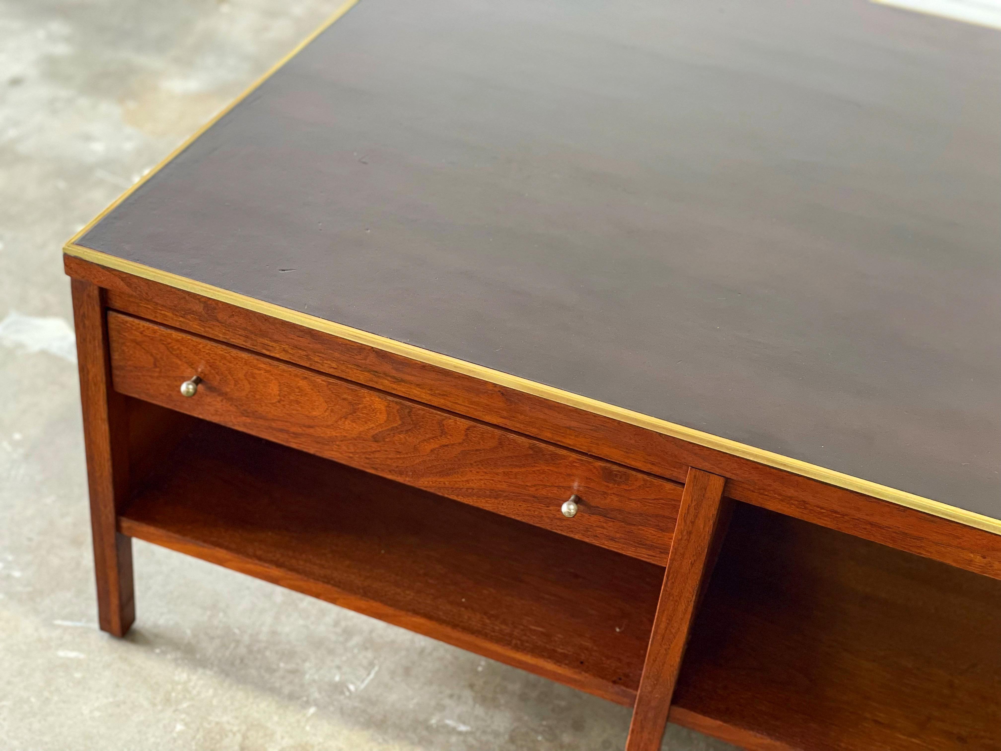 Paul McCobb for Calvin Cocktail Coffee Table in Leather + Walnut + Brass 2