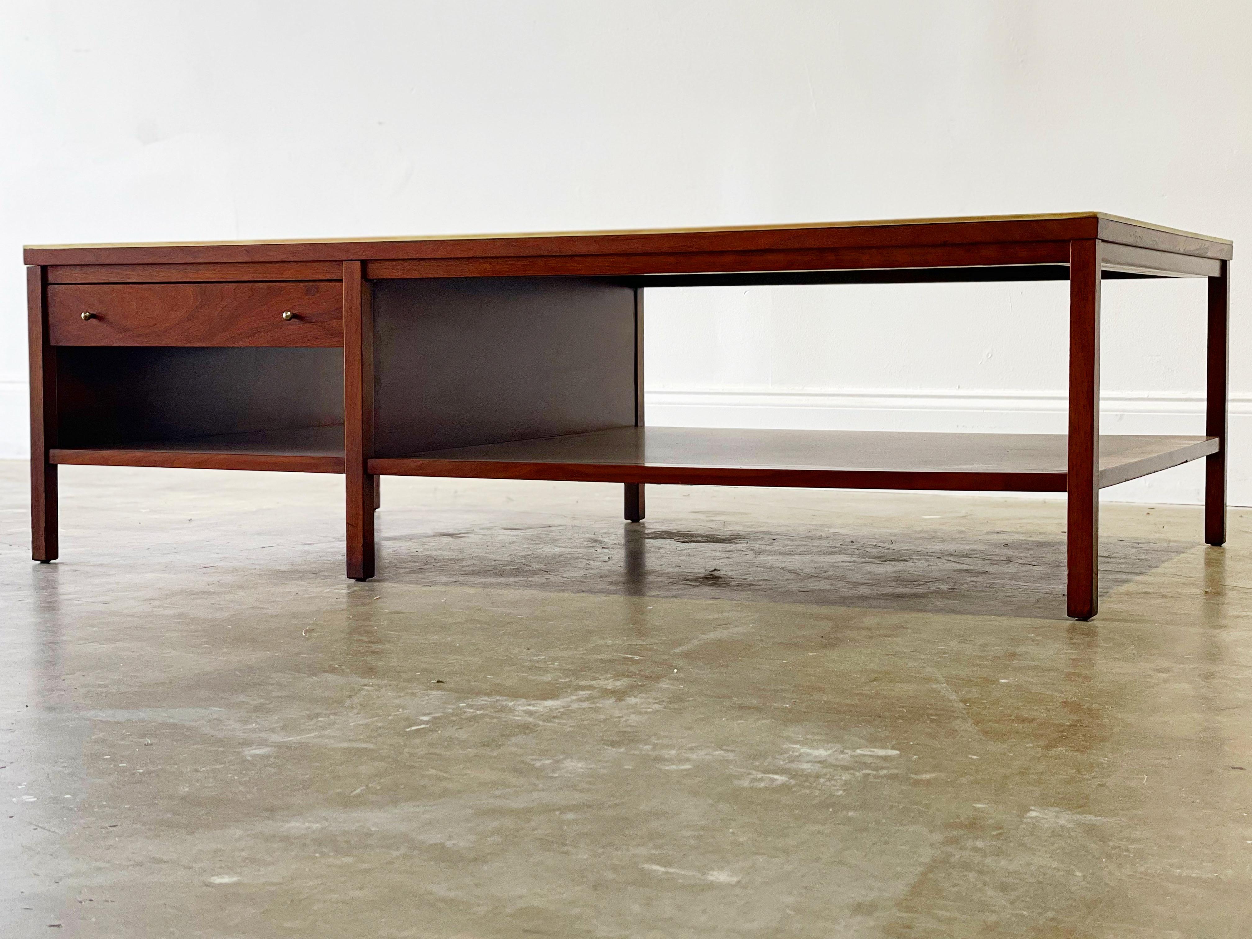 Paul McCobb for Calvin Cocktail Coffee Table in Leather + Walnut + Brass 3