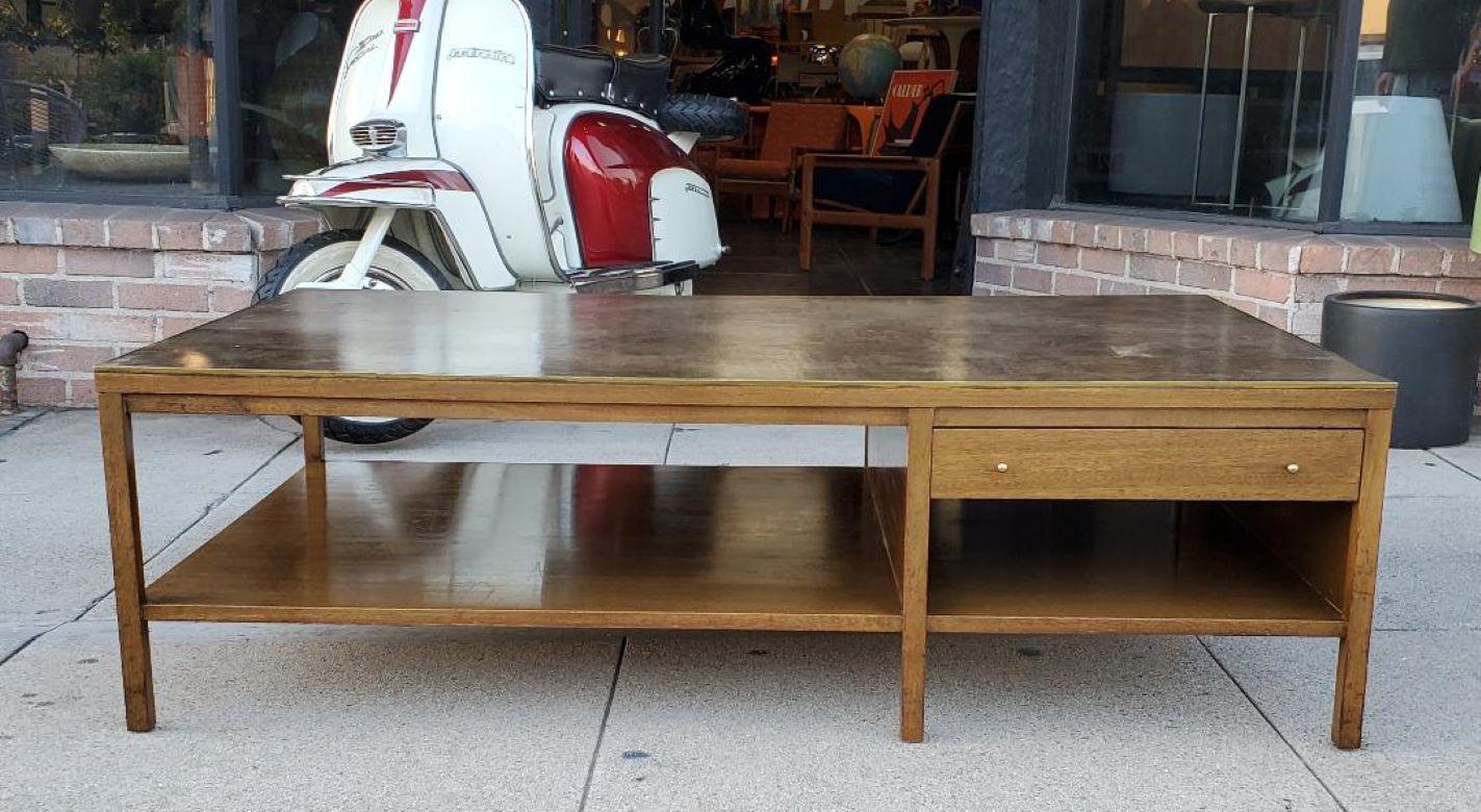 Mid-Century Modern Paul McCobb for Calvin Coffee Table Leather Top Philippine Mahogany Brass Trim For Sale