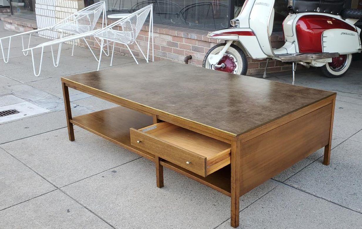 20th Century Paul McCobb for Calvin Coffee Table Leather Top Philippine Mahogany Brass Trim For Sale