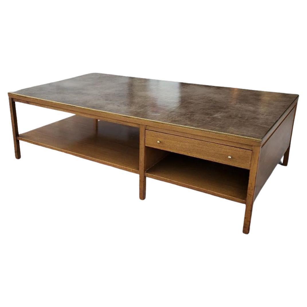 Paul McCobb for Calvin Coffee Table Leather Top Philippine Mahogany Brass Trim For Sale