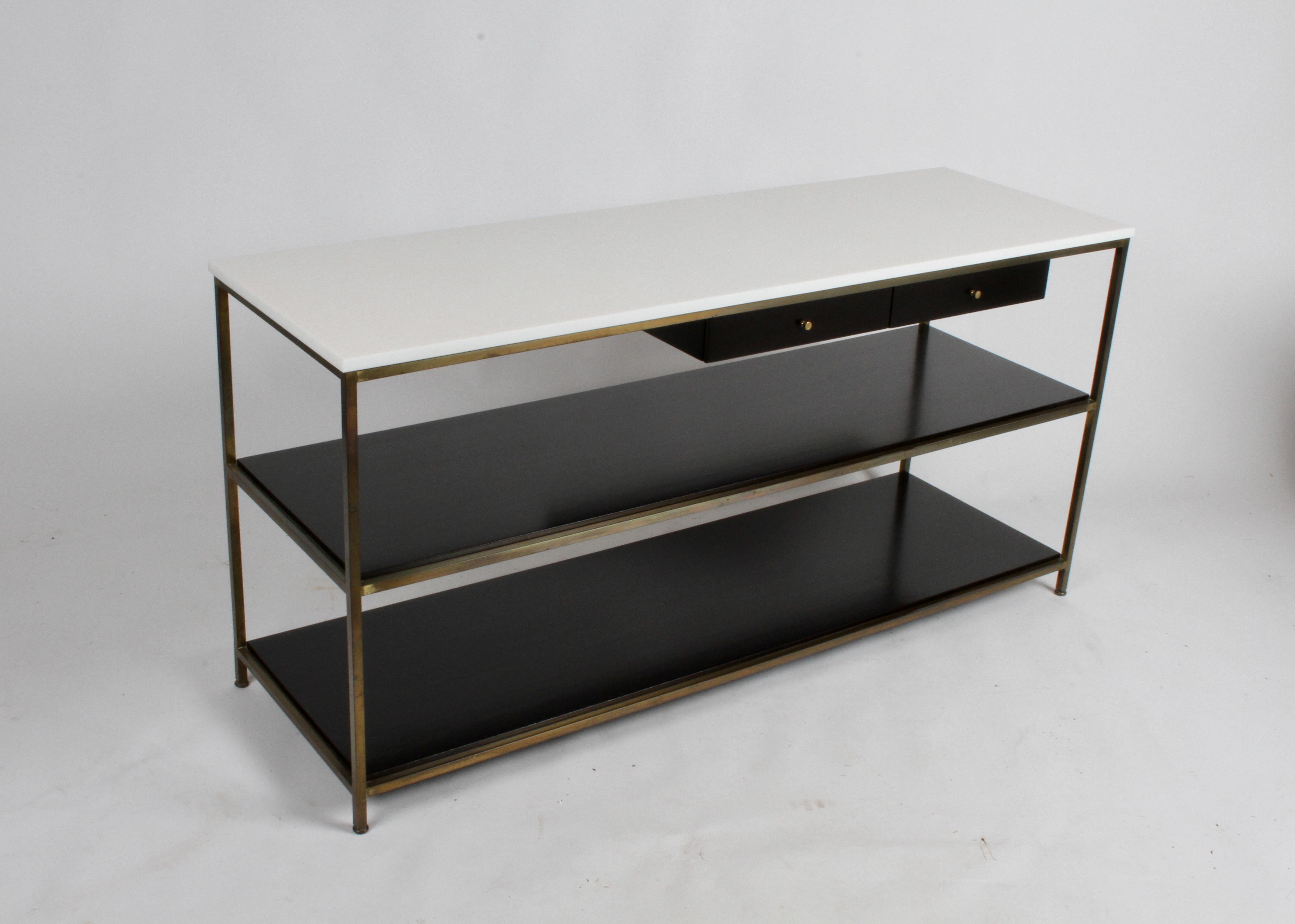 Mid-Century Modern Paul McCobb for Calvin Console Table with White Vitrolite Top and Brass Frame For Sale