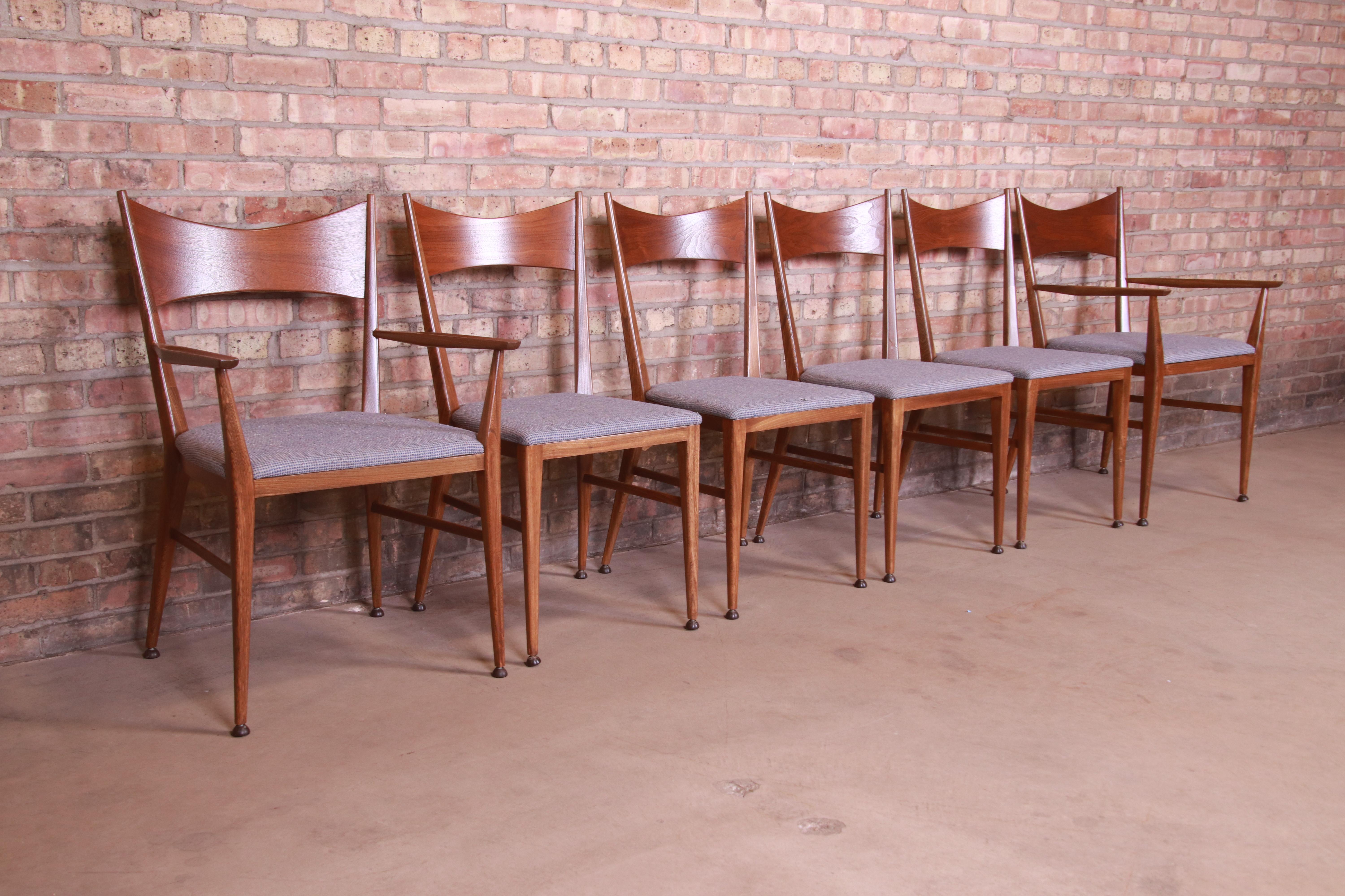 Paul McCobb for Calvin Furniture Sculpted Walnut Dining Chairs, Newly Refinished In Good Condition In South Bend, IN