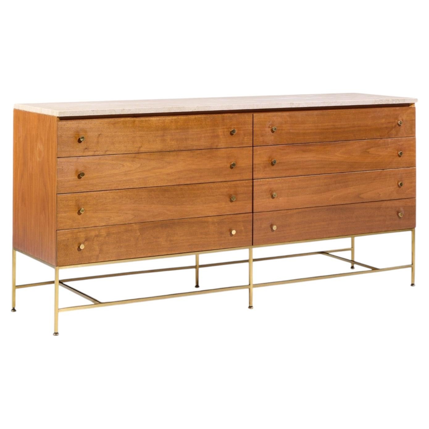 Paul McCobb for Calvin IRWIN Collectional Commode double en acajou, laiton et travertin