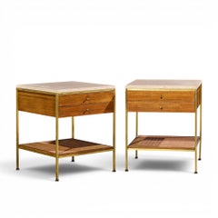 Paul McCobb for Calvin Irwin Group Mahogany Cane & Travertine Nightstand - Pair