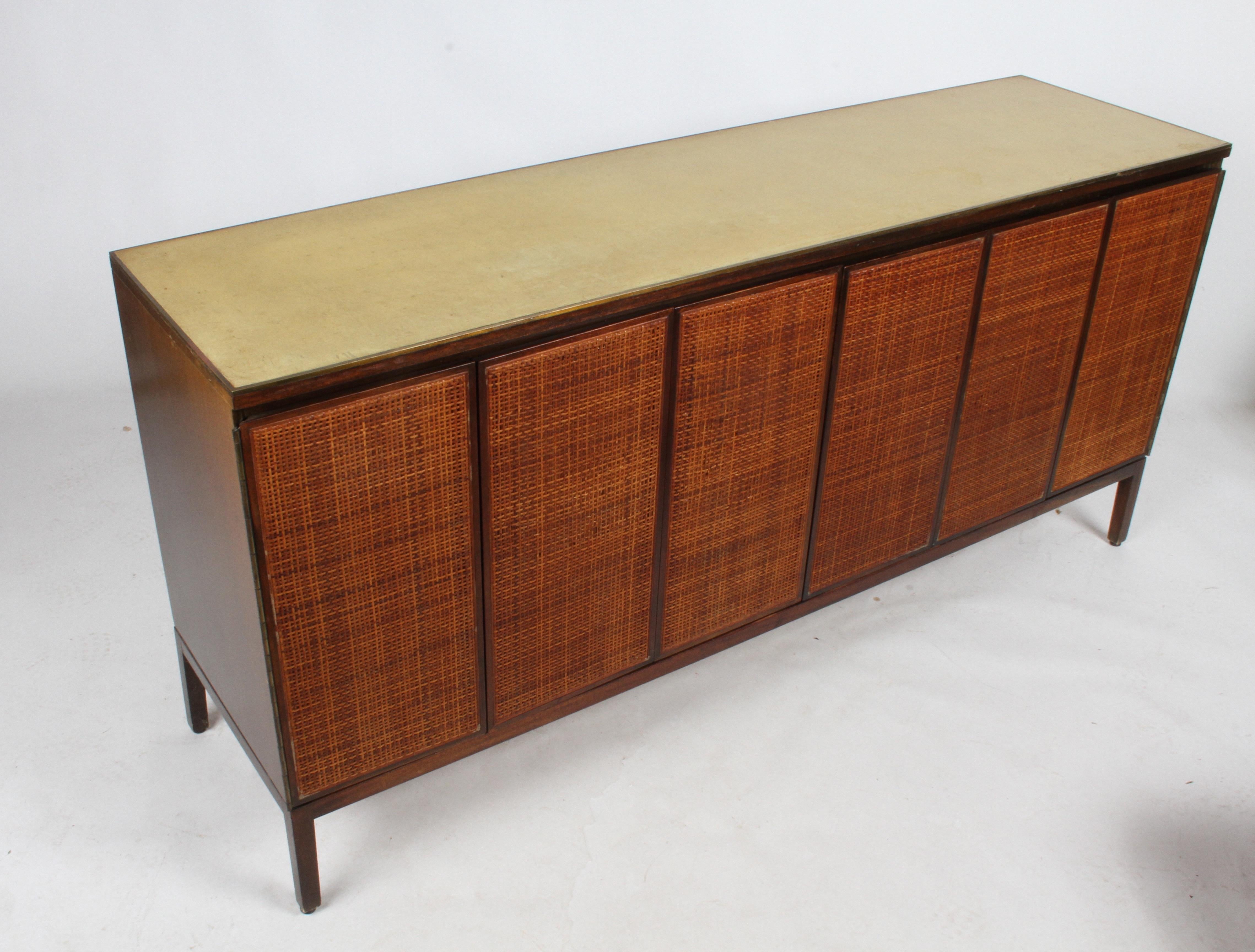 Paul McCobb for Calvin Leather Top and Caned Front Dresser or Sideboard (amerikanisch)