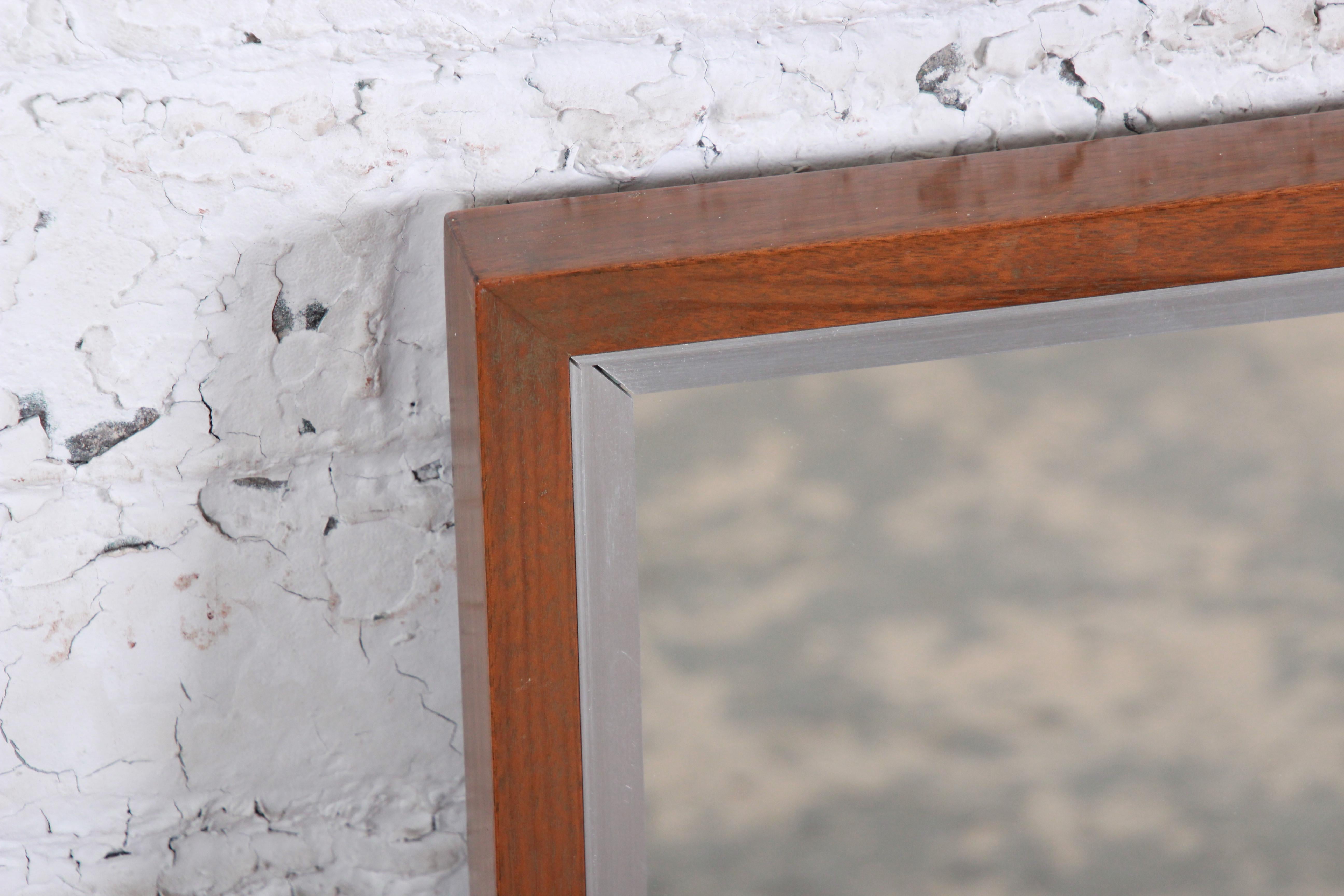 Paul McCobb for Calvin Linear Group Midcentury Walnut and Aluminum Wall Mirror In Good Condition In South Bend, IN
