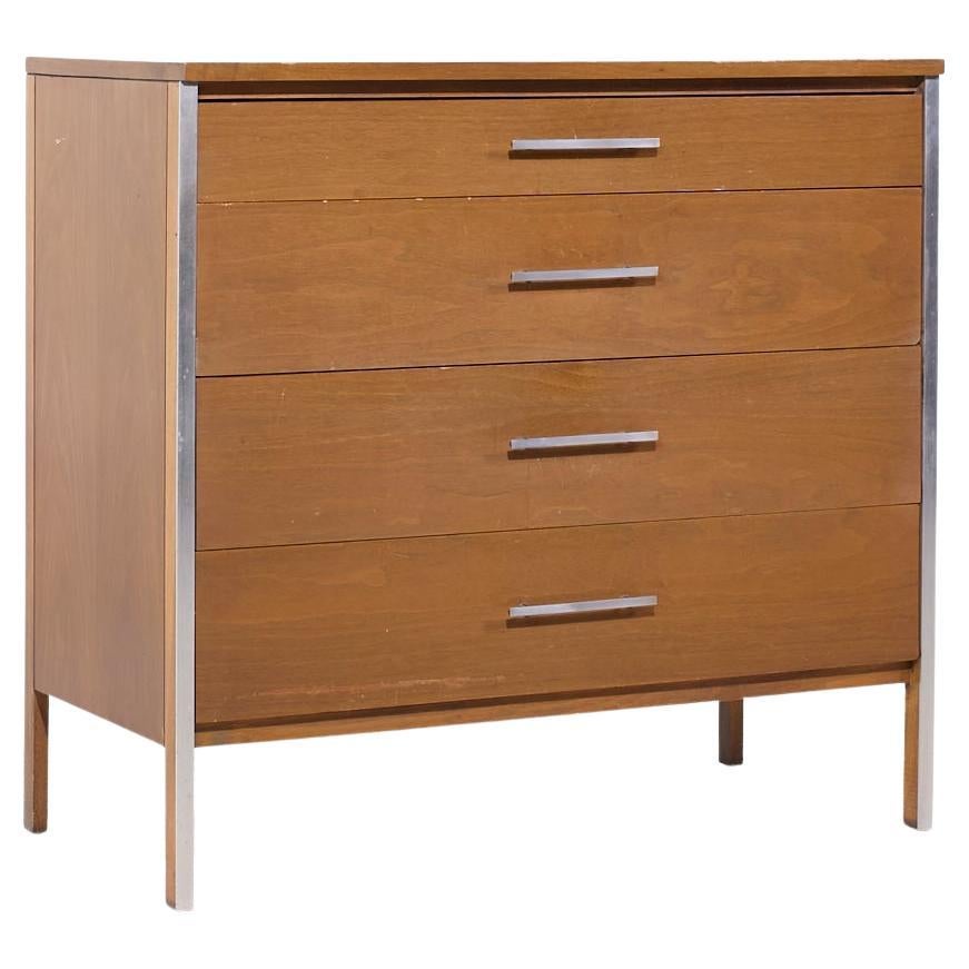 Paul McCobb for Calvin Linear MCM Walnut and Aluminum 4 Drawer Highboy Dresser
