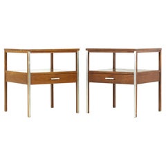 Paul McCobb for Calvin Linear MCM Walnut and Stainless Steel Side Table, Pair