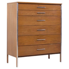 Paul McCobb for Calvin Linear MCM Walnut and Aluminum 4 Drawer Highboy Dresser
