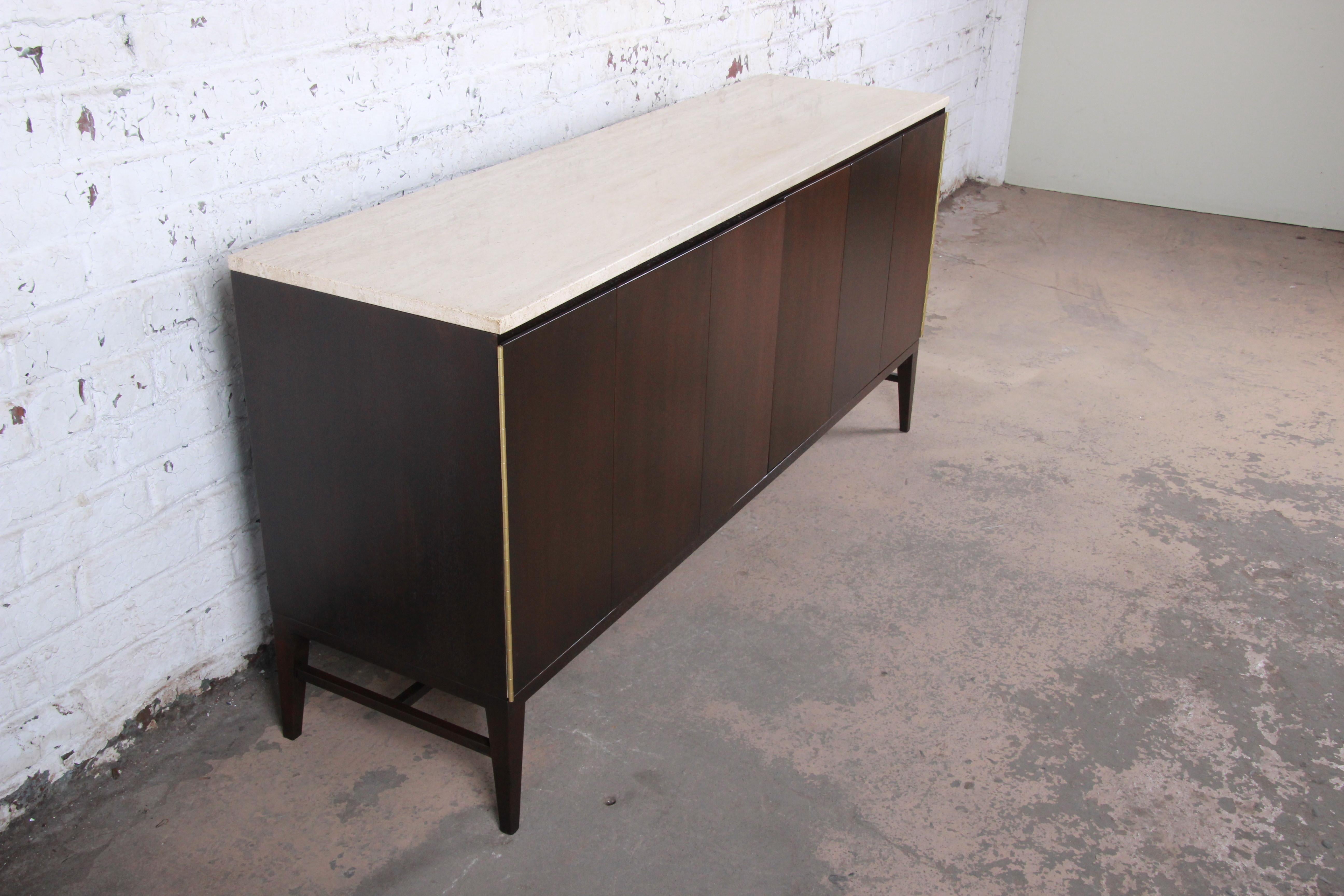 Mid-Century Modern Paul McCobb for Calvin Mahogany and Travertine 10-Drawer Dresser or Credenza