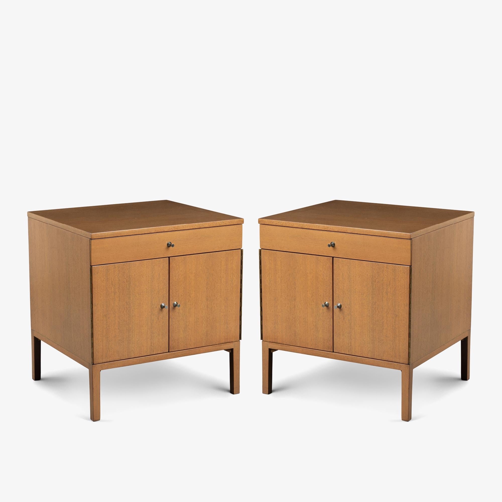At a Glance: 
- Delicate scale and easy to use in multiple spaces. Paul McCobb was known for this.
- Ample storage in a small overall form.
- Finished all-around, are also meant to double as end tables.
- Fully restored in a lighter, more