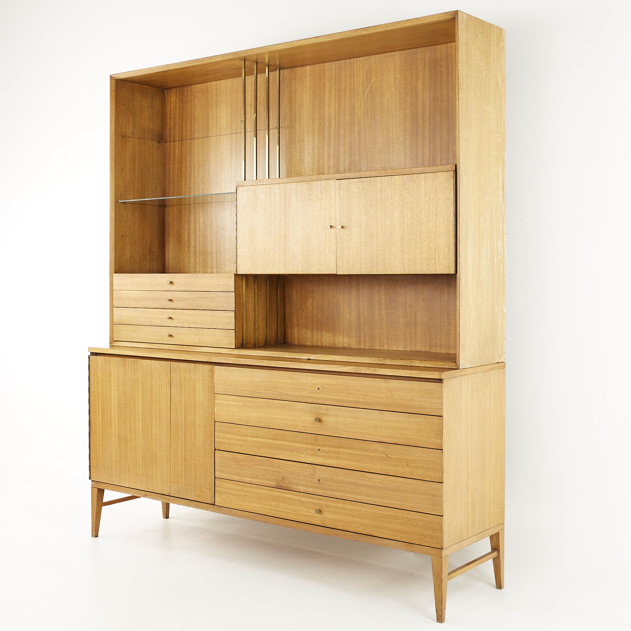 Mid-Century Modern Paul McCobb for Calvin MCM Bleached Mahogany and Brass Sideboard with Hutch